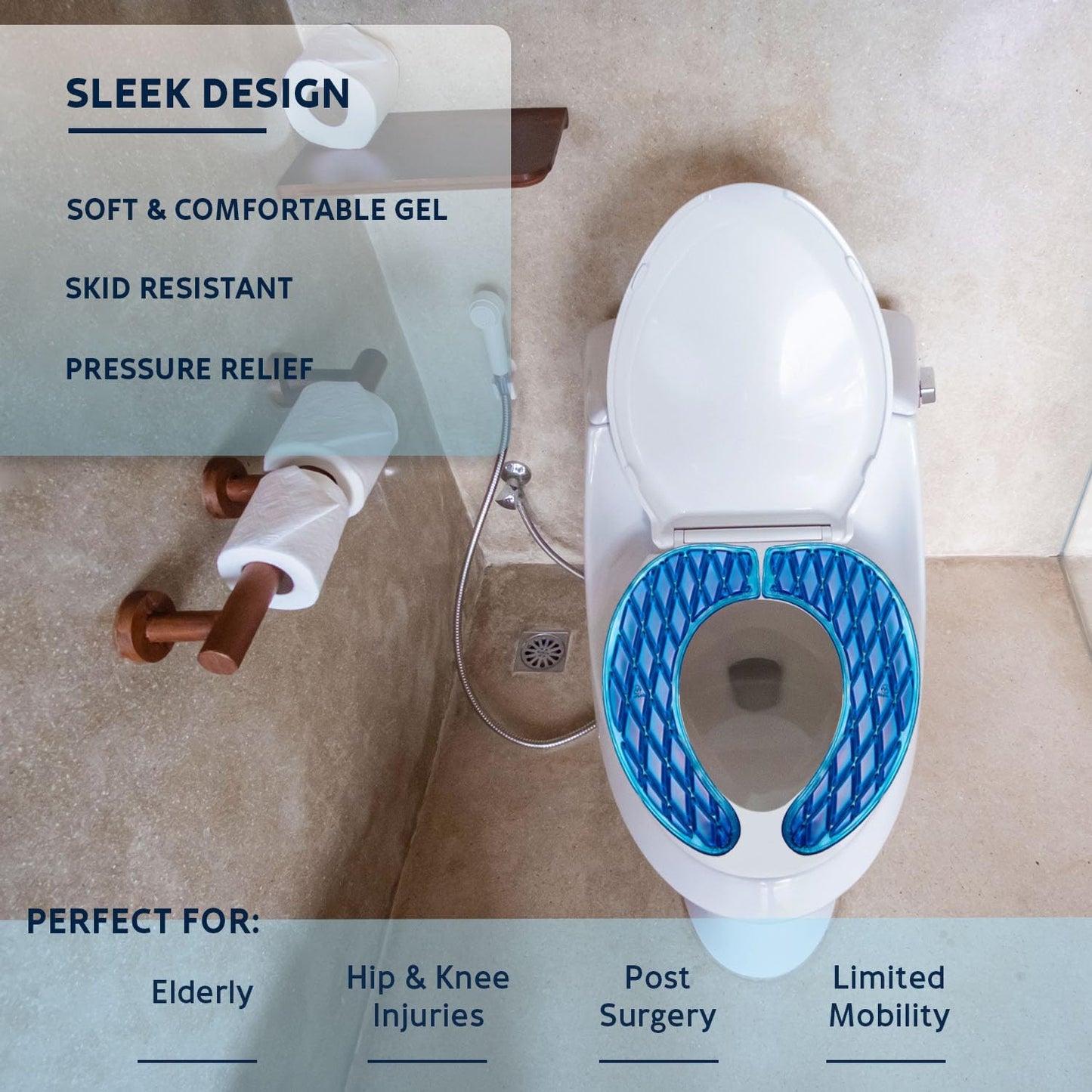 Morvat Gel Toilet Seat Cushion, Washable Padded Riser Cushion for Toilets & Commode Chair, Maximum Pain Relief Comfort & Support, Adhesive Raised Donut Pad for Elderly & Handicapped, Blue, Elongated