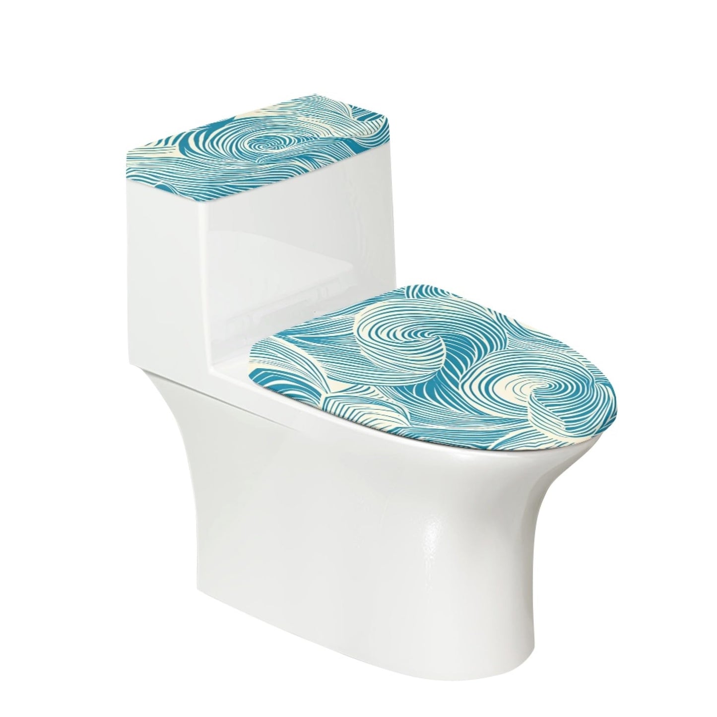 Set of 2 Japanese Waves Octopus Toilet Lid Tank Cover Art Teal Blue