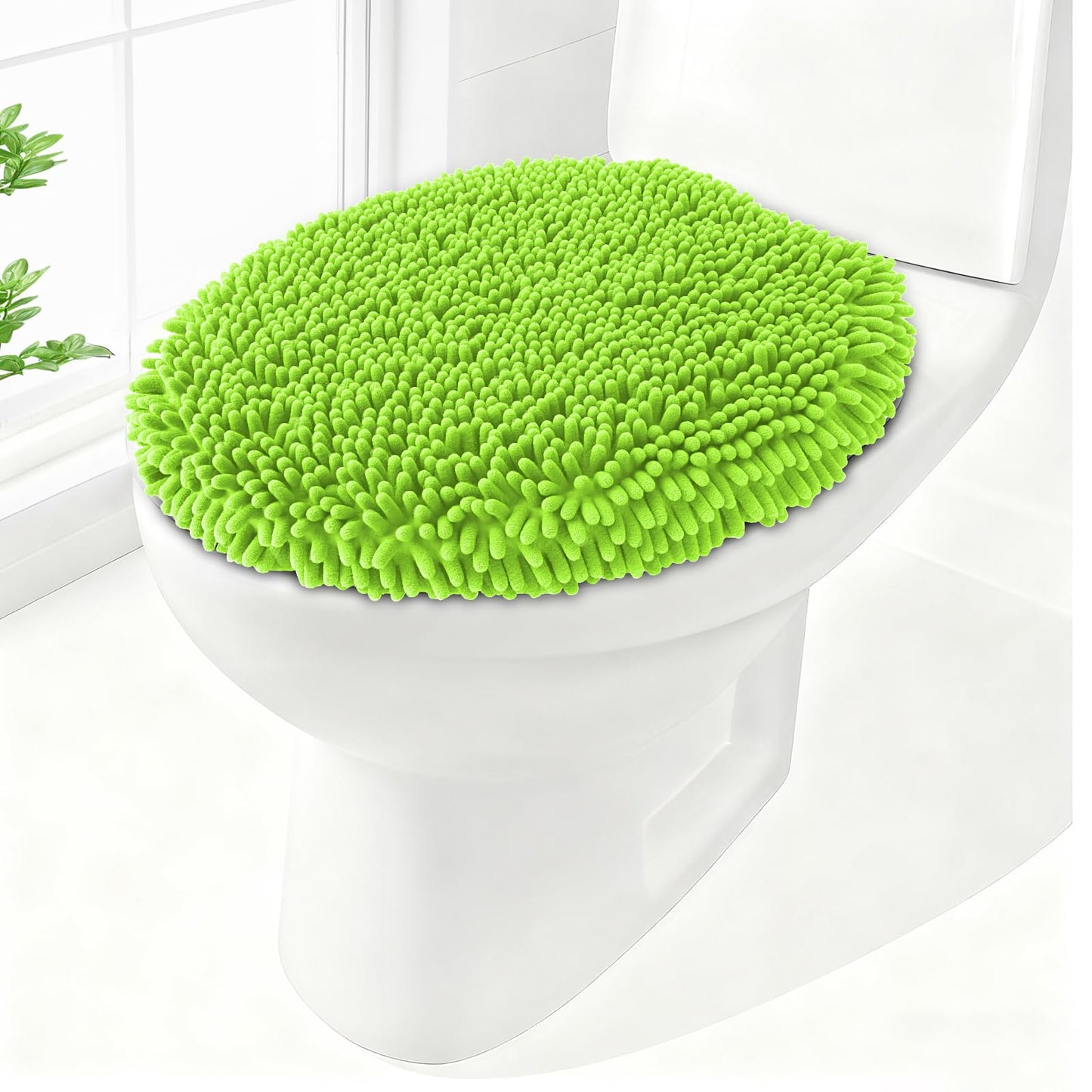 Soft Chenille Toilet Lid Cover 19.5L x 18.5W Machine Washable | Toilet Seat Cover Adjustable Rubber Backing Fits Most Round Elongated and Oblong Lids