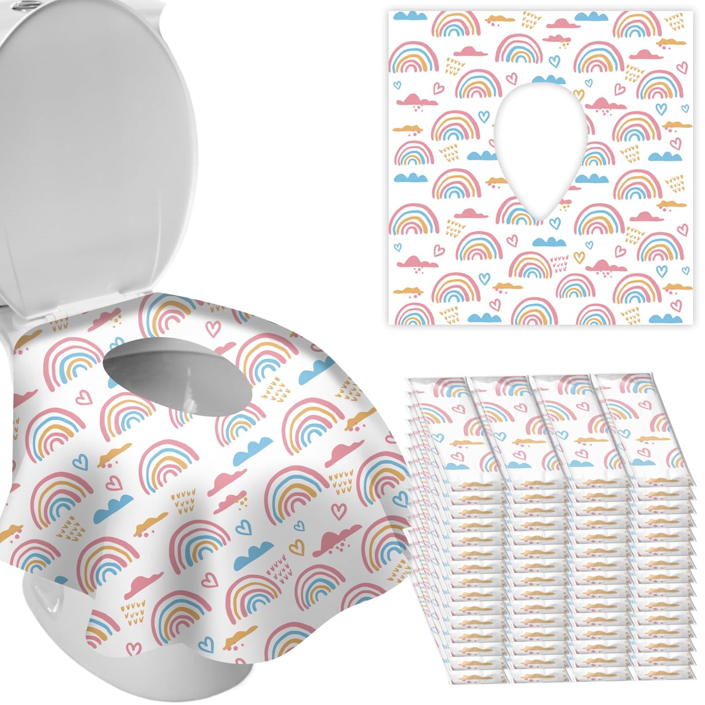 DEEKI 40 Pack Toilet Seat Covers Disposable, Safe No-Slip Waterproof for Kids Toddlers Use in Potty Training Public Restrooms Toilets, Portable Clean Covers for Adults Travel -Rainbow (40 Count)