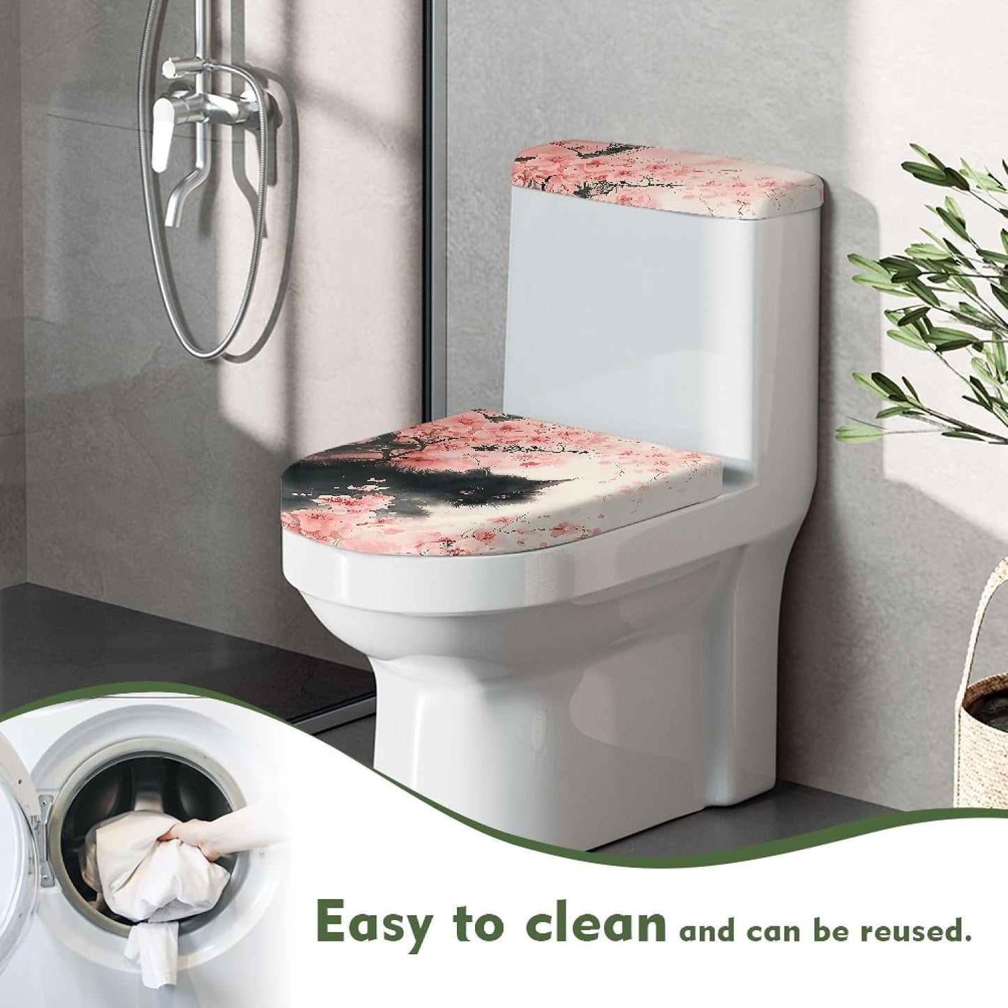 Set of 2 Cat Print Toilet Lid Tank Cover Soft Plush Set grey white