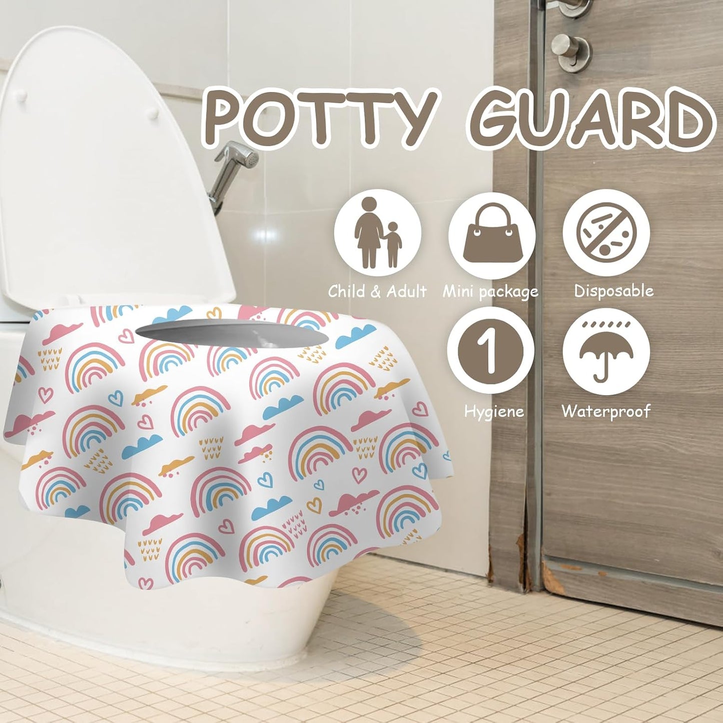 DEEKI 40 Pack Toilet Seat Covers Disposable, Safe No-Slip Waterproof for Kids Toddlers Use in Potty Training Public Restrooms Toilets, Portable Clean Covers for Adults Travel -Rainbow (40 Count)