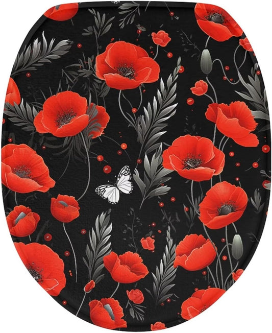chaqlin Toilet Lid Cover Red Poppy Print Toilet Lid Seat Cover Washable Fabric Set, Novelty Gifts Fits Most Round, Elongated and Oblong Toilets