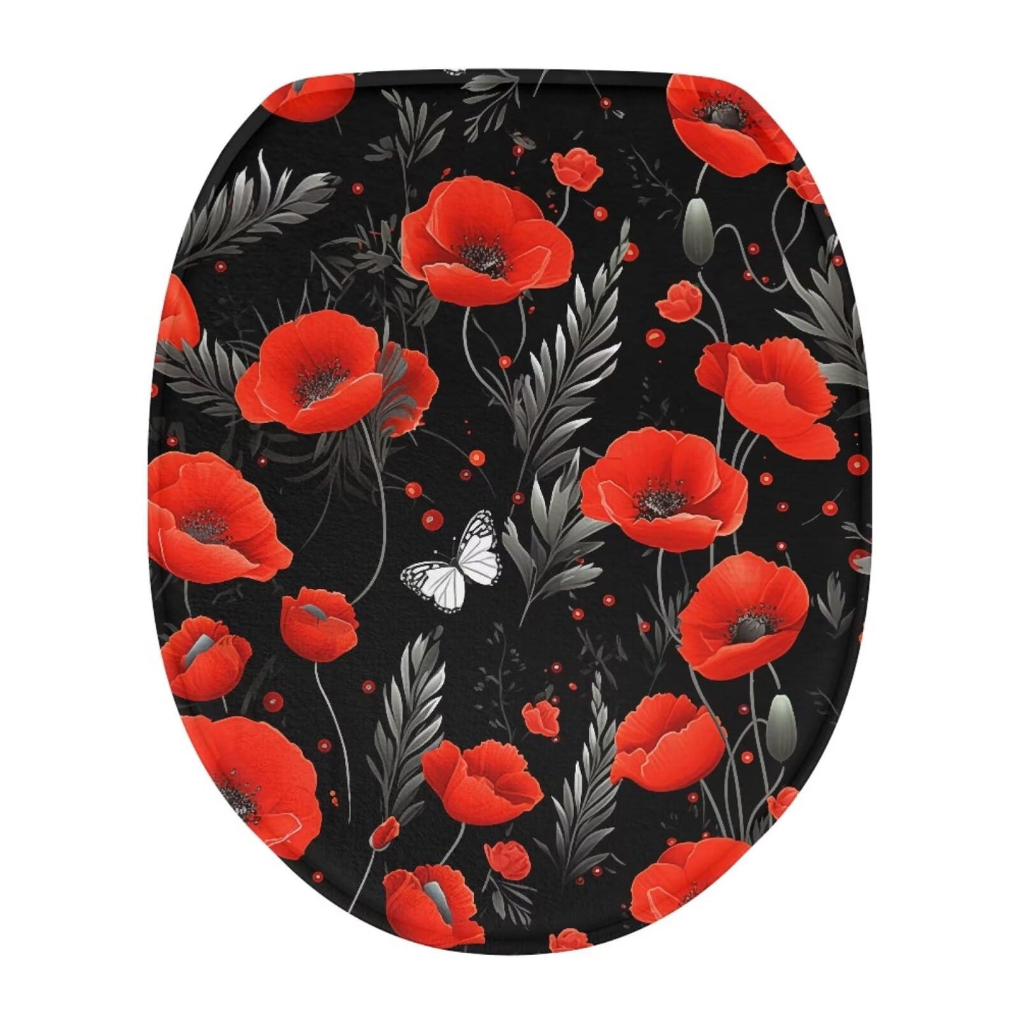 chaqlin Toilet Lid Cover Red Poppy Print Toilet Lid Seat Cover Washable Fabric Set, Novelty Gifts Fits Most Round, Elongated and Oblong Toilets