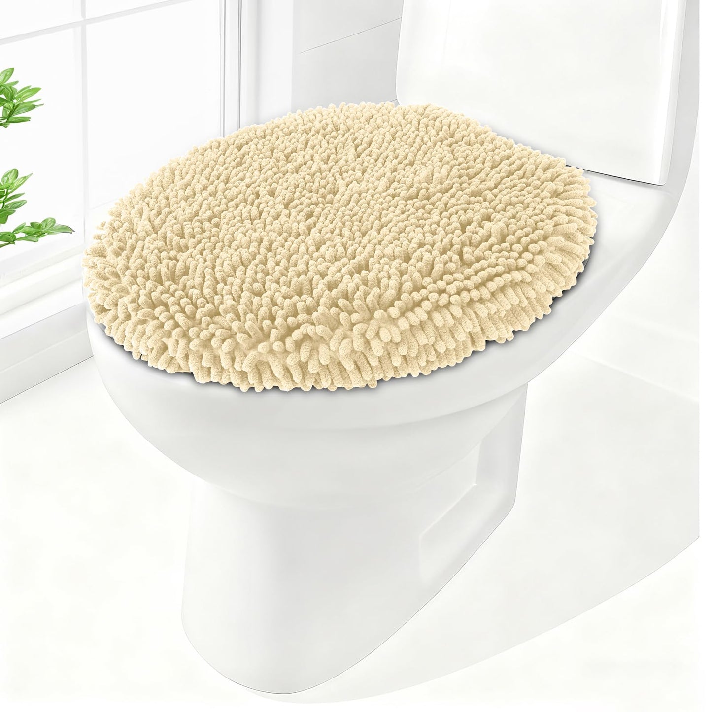 Soft Chenille Toilet Lid Cover 19.5L x 18.5W Machine Washable | Toilet Seat Cover Adjustable Rubber Backing Fits Most Round Elongated and Oblong Lids