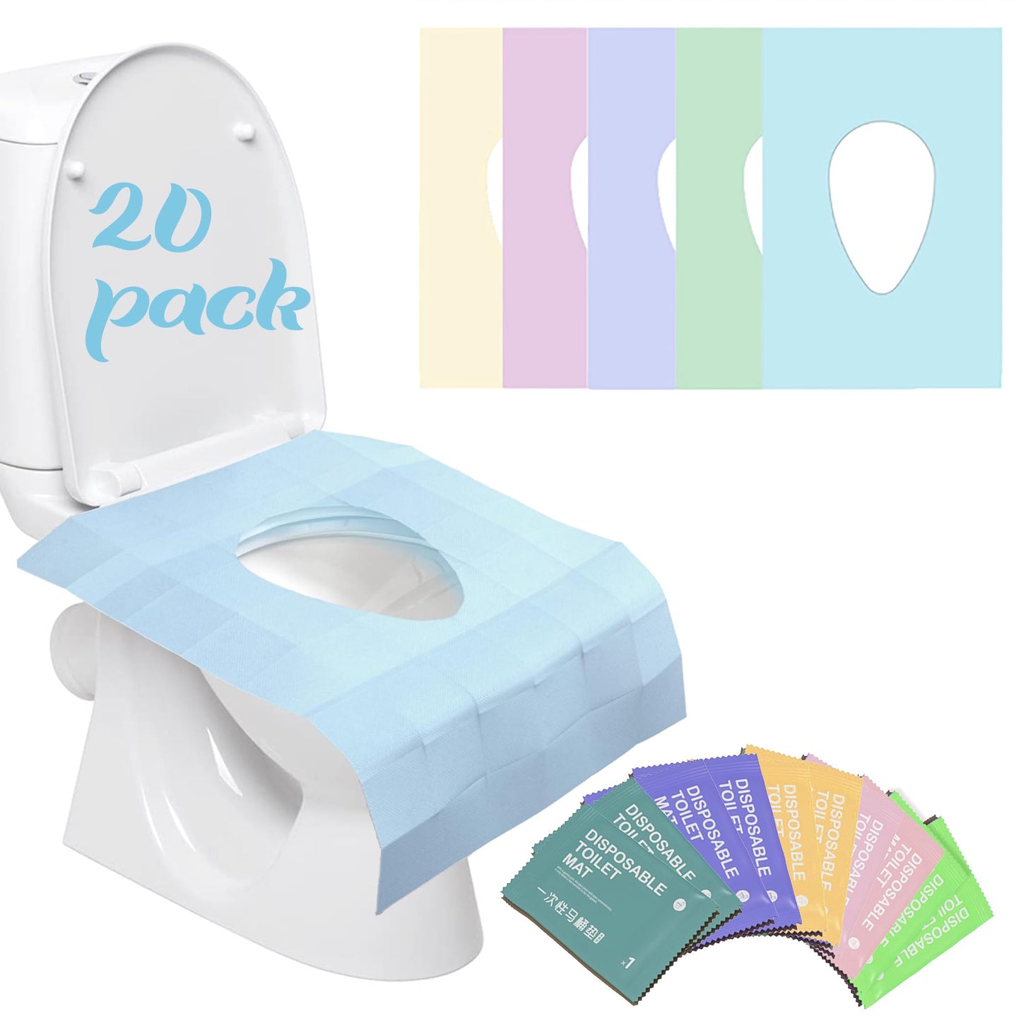 YOUNGTIME Toilet Seat Covers Disposable 20 Pack, Faster use-Sticker Free XL Waterproof Toilet Seat Cover for Adults and Kids Potty Training,Travel Accessories for Public Restrooms,Airplane(Colorful)