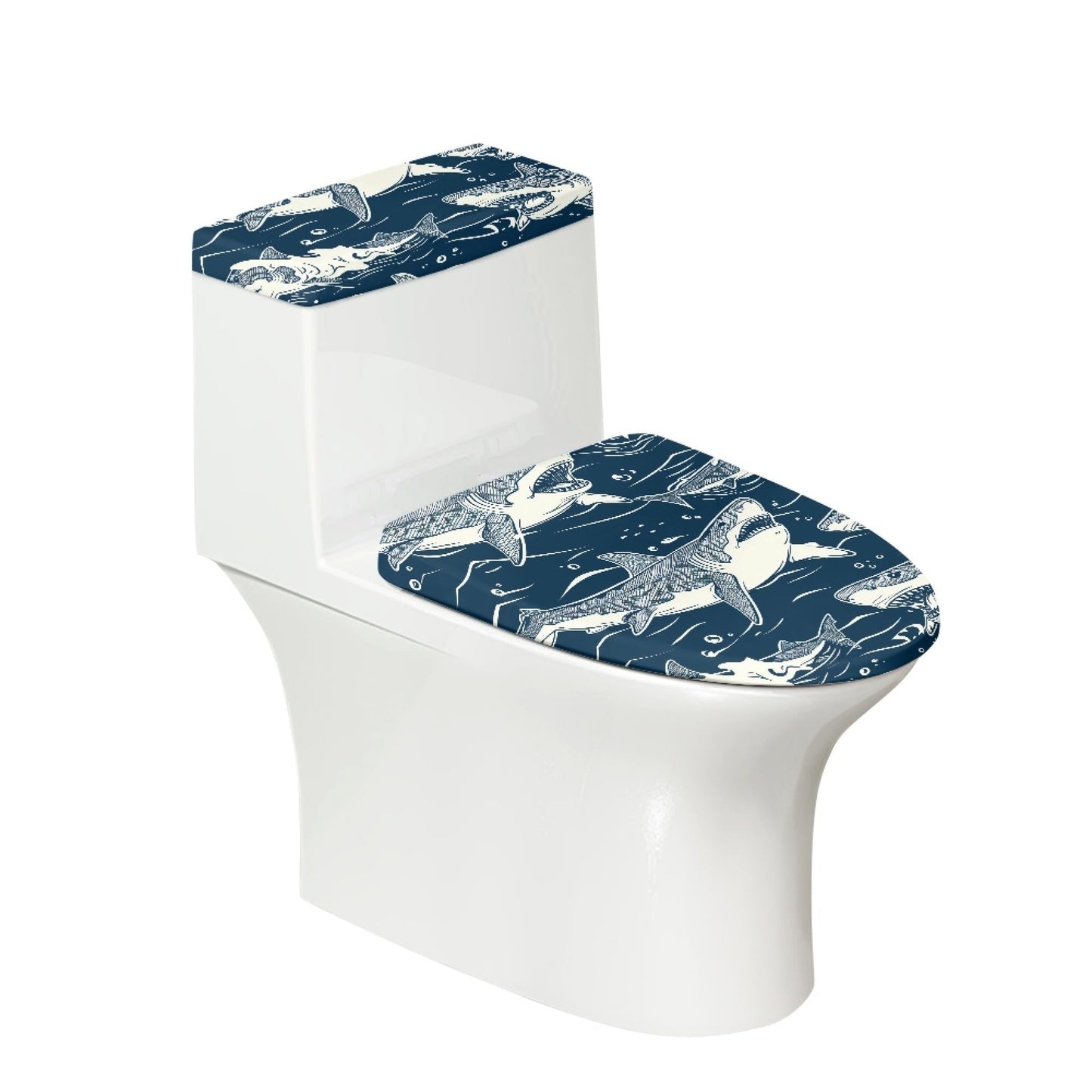 Set of 2 Japanese Waves Fish Toilet Lid Tank Cover Plush Navy White