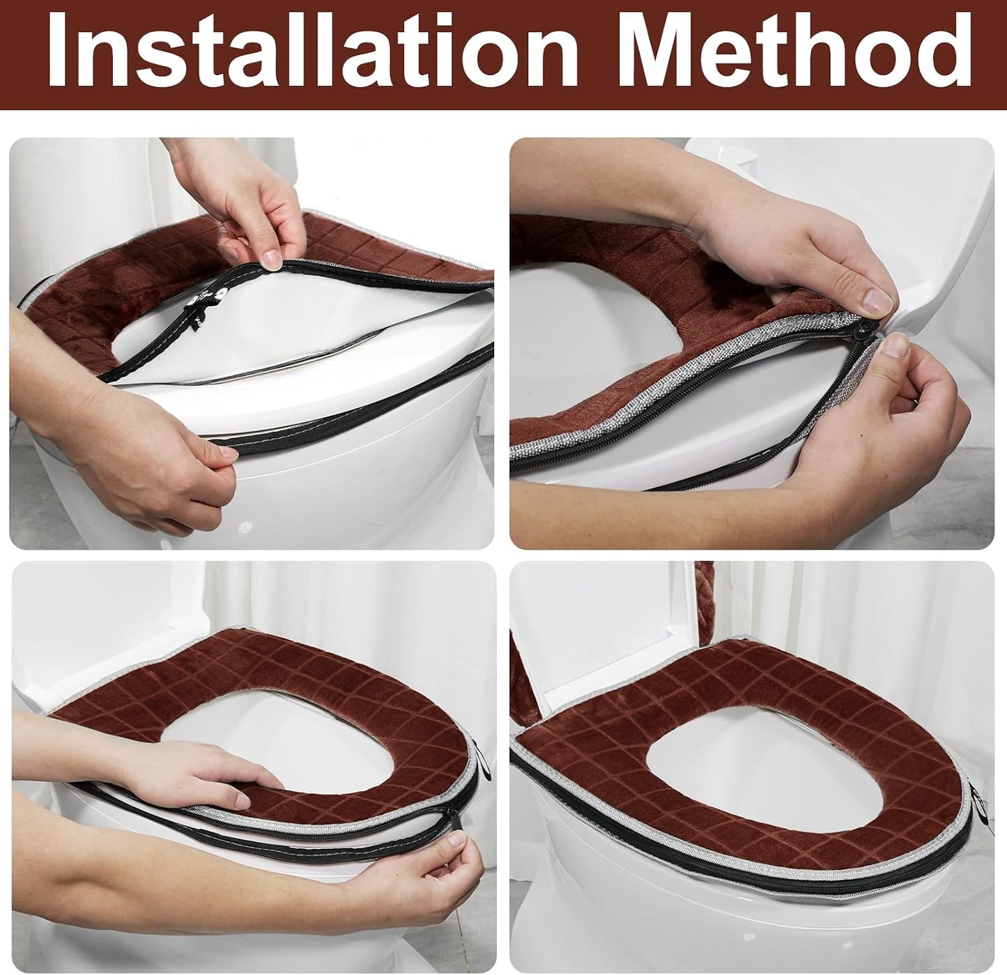 Toilet Seat Cover and Toilet Lid Cover Set, Soft Toilet Seat Cushion with Zipper Adjustable Rubber Backing Toilet Seat Warmer Bathroom Decor and Accessories, Coffee