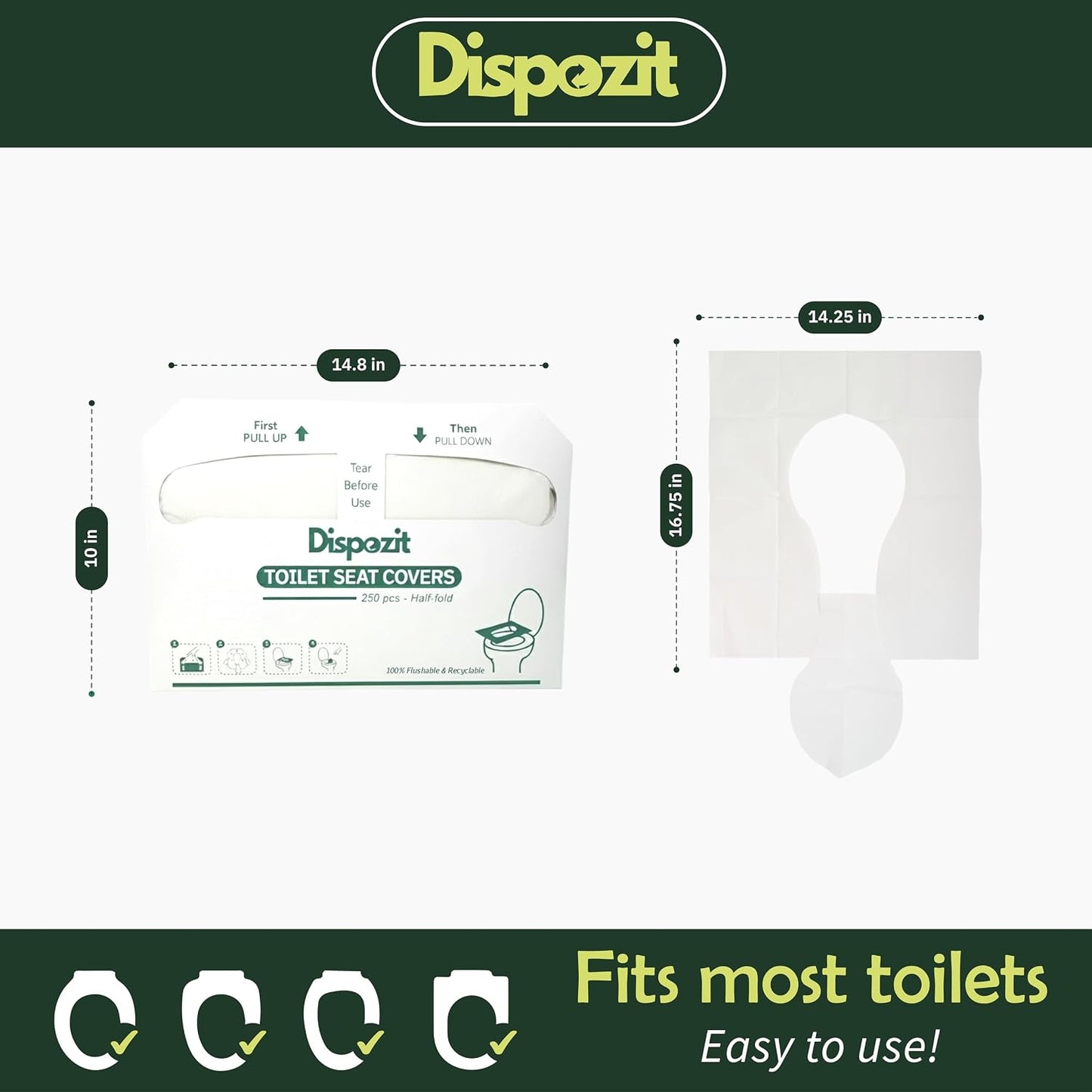 1250 Pcs Flushable Toilet Seat Covers for Hotel, Business, and Commercial | 5 Packs of 250 Pcs Disposable Flushable 100% Biodegradable Commercial Toilet Seat Covers, Half-Fold Wall Dispenser Compatible