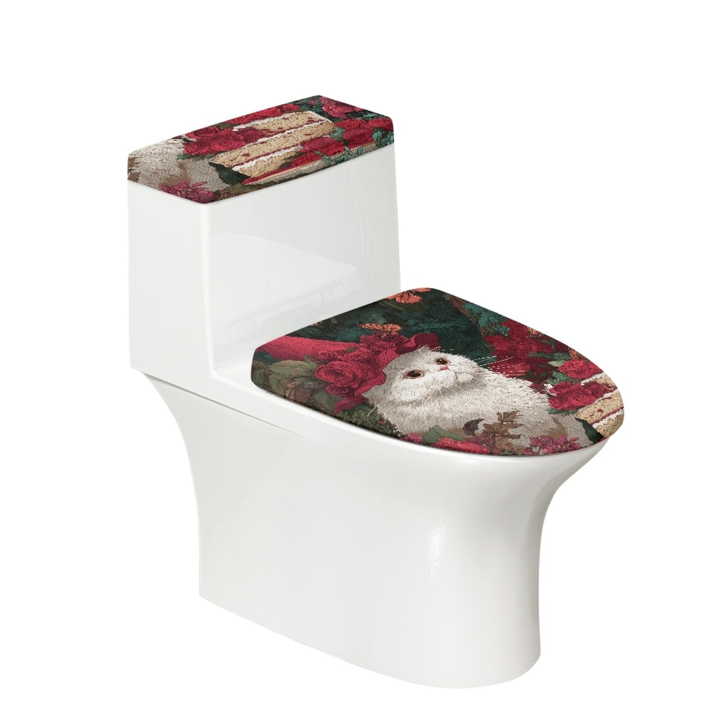 Set of 2 Cute Cat Velvet Toilet Lid Tank Cover Soft Decor Yellow Brown