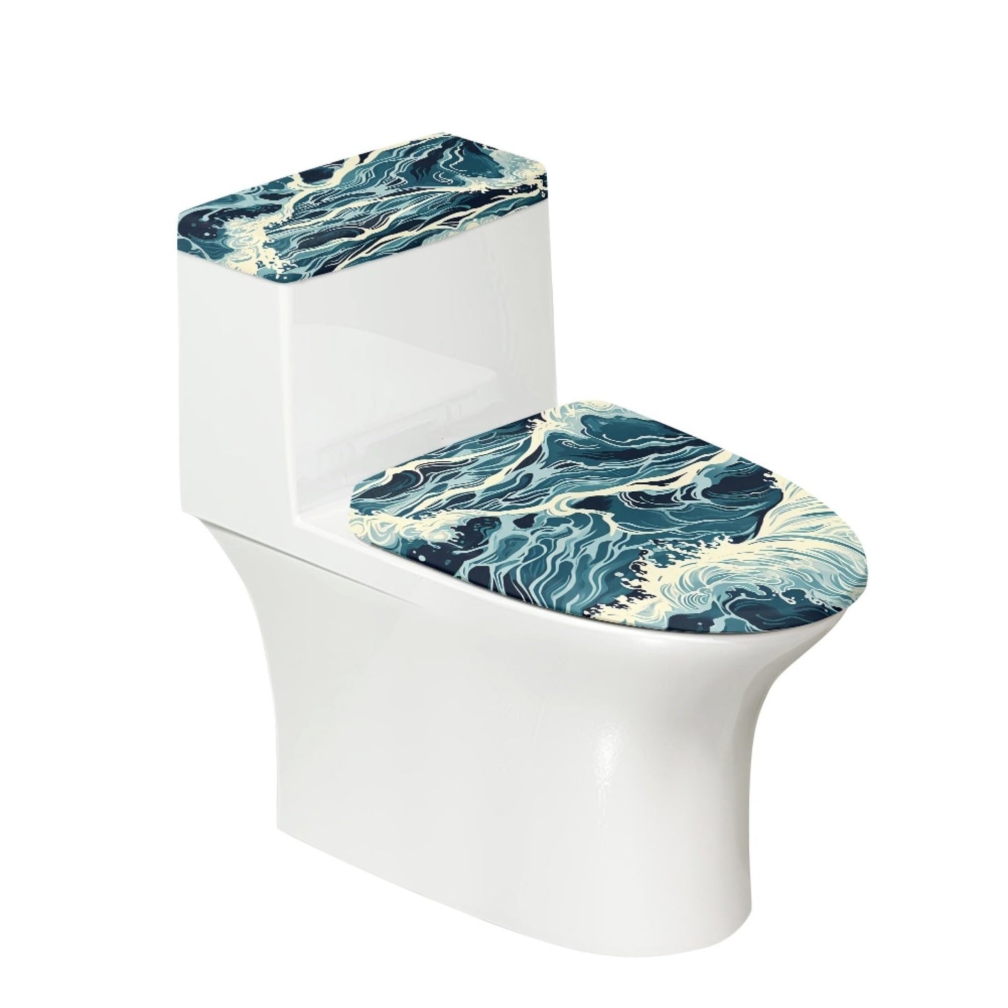 Set of 2 Japanese Waves Octopus Toilet Lid Tank Cover Art Teal Blue