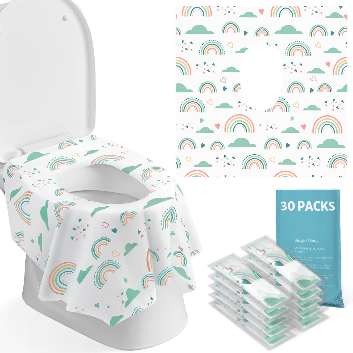 Blissful Diary 20 Pcs Toilet Seat Covers Disposable for Toddlers & Adults, Extra Large Waterproof, Portable Package for Travel, Kids Potty Training