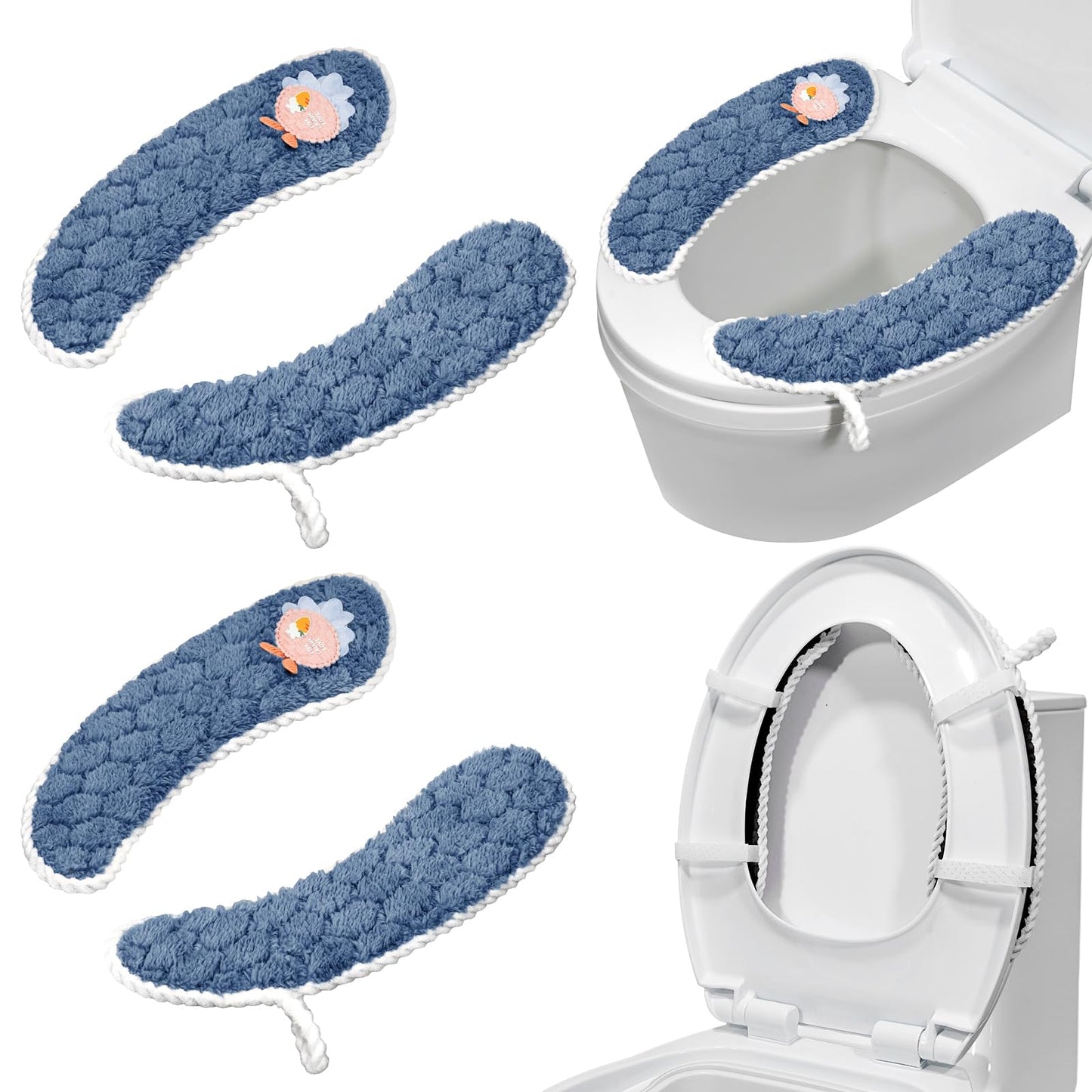 Toilet Seat Cover Bathroom Toilet Seat Cushion Toilet Seat Warmer with Handle, Washable and Reusable Toilet Seat Pads for Winter, Fits All Toilet Seats, 2 Pairs, Blue