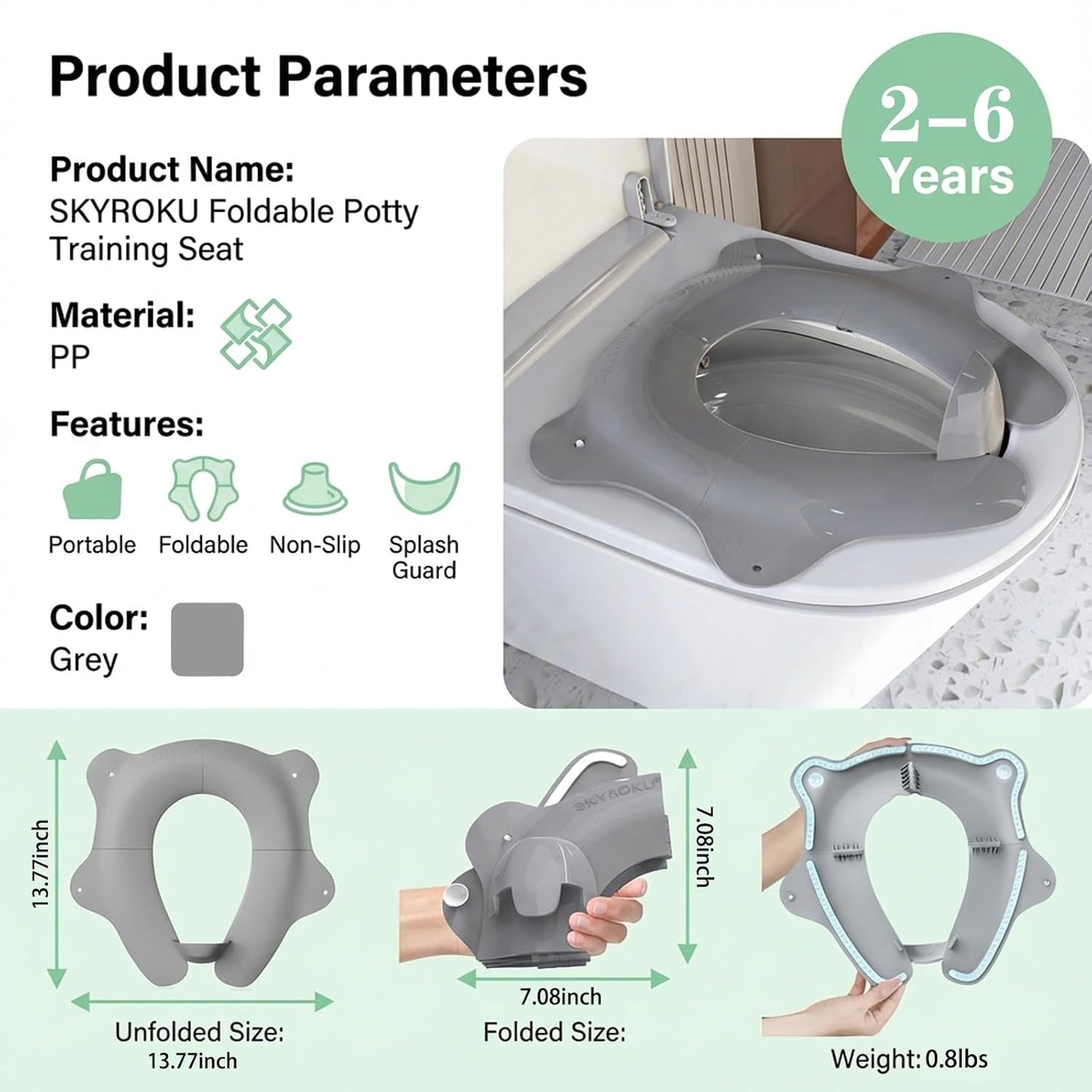 Travel Potty Seat for Toddler, Foldable Portable Potty Seat, BPA-Free Grey | SKYROKU, Fits Round & Oval Toilets, Non-Slip Base, 4 Suction Cups, Splash Guard, Travel Bag Included, Easy-Clean, Lightweight