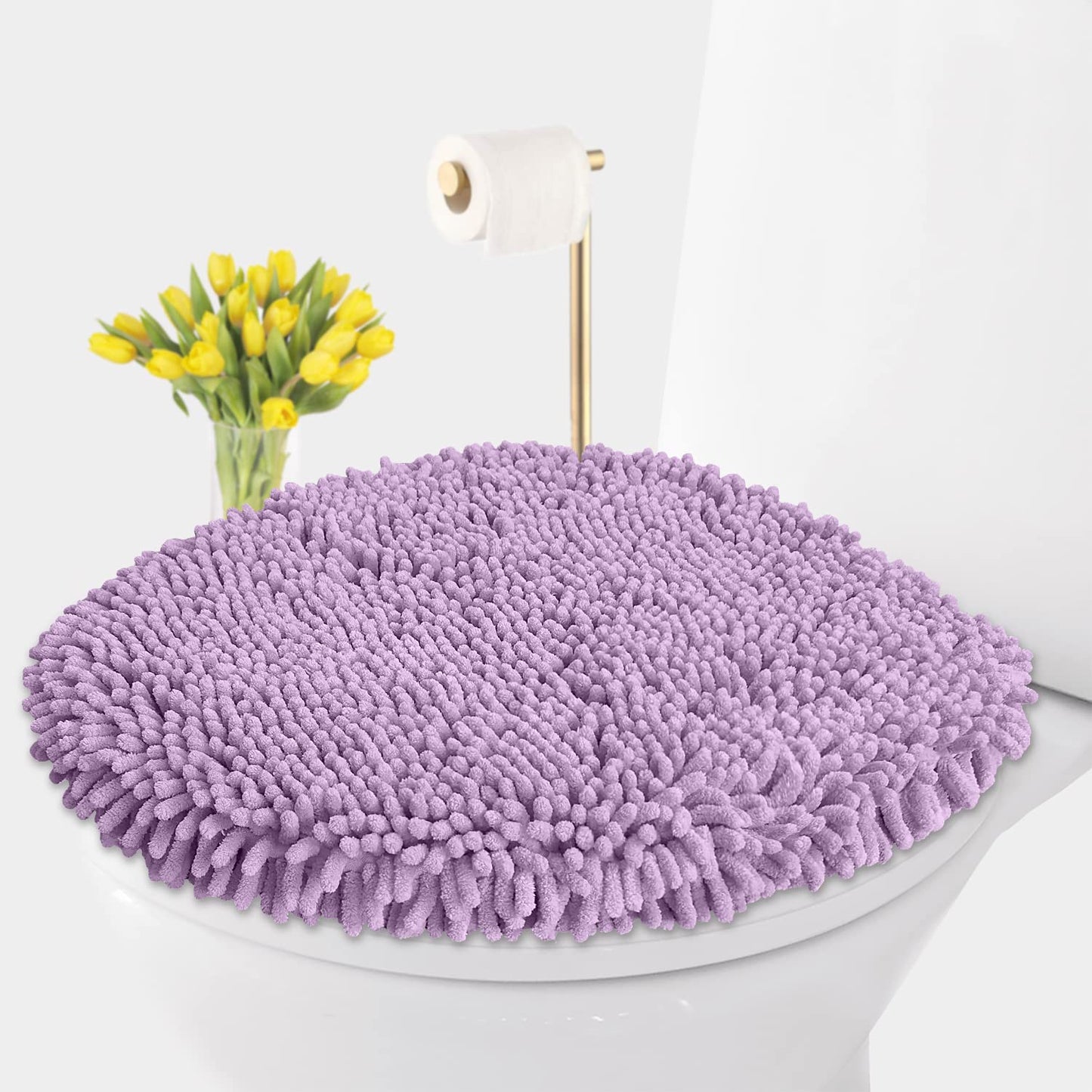 LuxUrux Premium Chenille Microfiber Toilet Lid Cover, Soft Plush Toilet Seat Cover Set for Bathroom, Non-Slip Stretch Fit, Machine Washable, Fits Standard & Elongated Toilet Seat Lid (Light Gray)