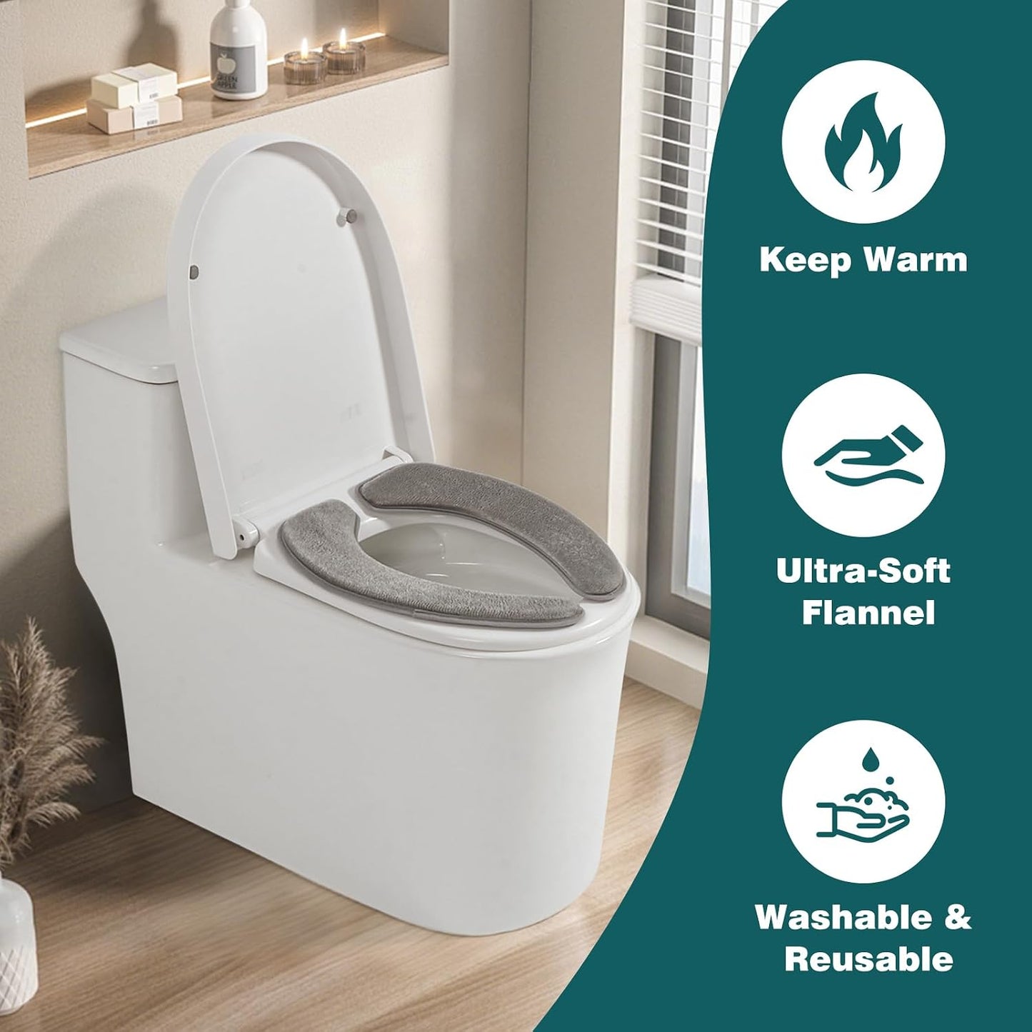 Toilet Seat Cover with Memory Foam, Toilet Seat Cushion for Bathroom | Soft Flannel, Non-Slip, Thicker Warmer Washable, Self-Adhesive Reusable, Fits Most Round, Oval and Elongated Toilet Seat