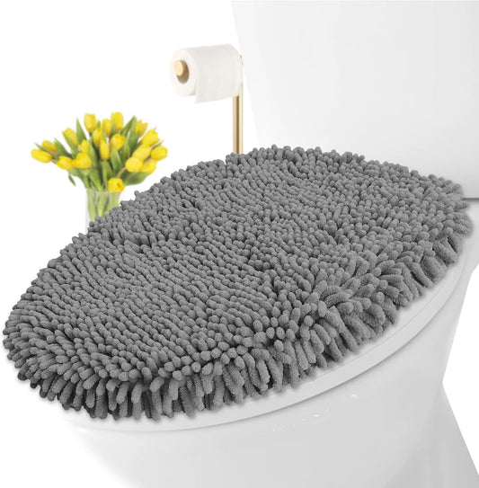 LuxUrux Premium Chenille Microfiber Toilet Lid Cover, Soft Plush Toilet Seat Cover Set for Bathroom, Non-Slip Stretch Fit, Machine Washable, Fits Standard & Elongated Toilet Seat Lid (Light Gray)