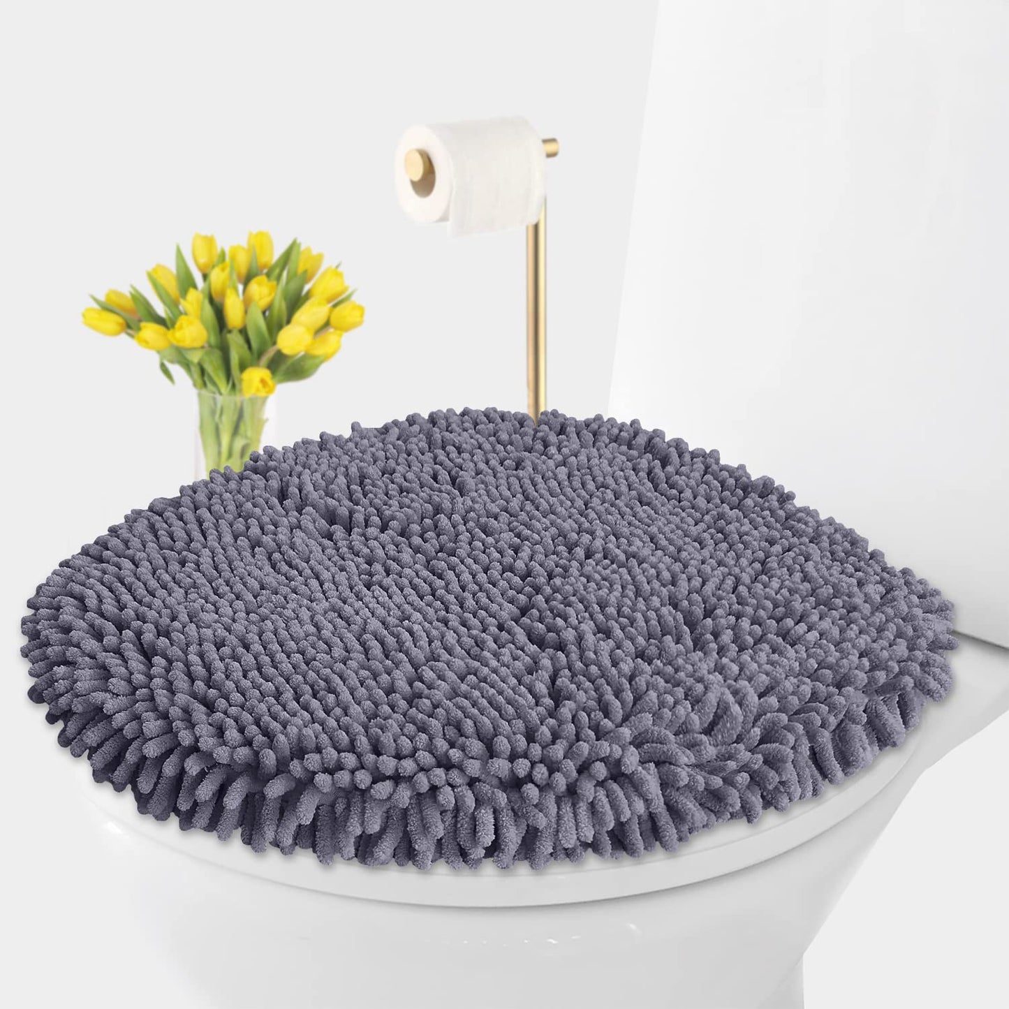 LuxUrux Premium Chenille Microfiber Toilet Lid Cover, Soft Plush Toilet Seat Cover Set for Bathroom, Non-Slip Stretch Fit, Machine Washable, Fits Standard & Elongated Toilet Seat Lid (Light Gray)