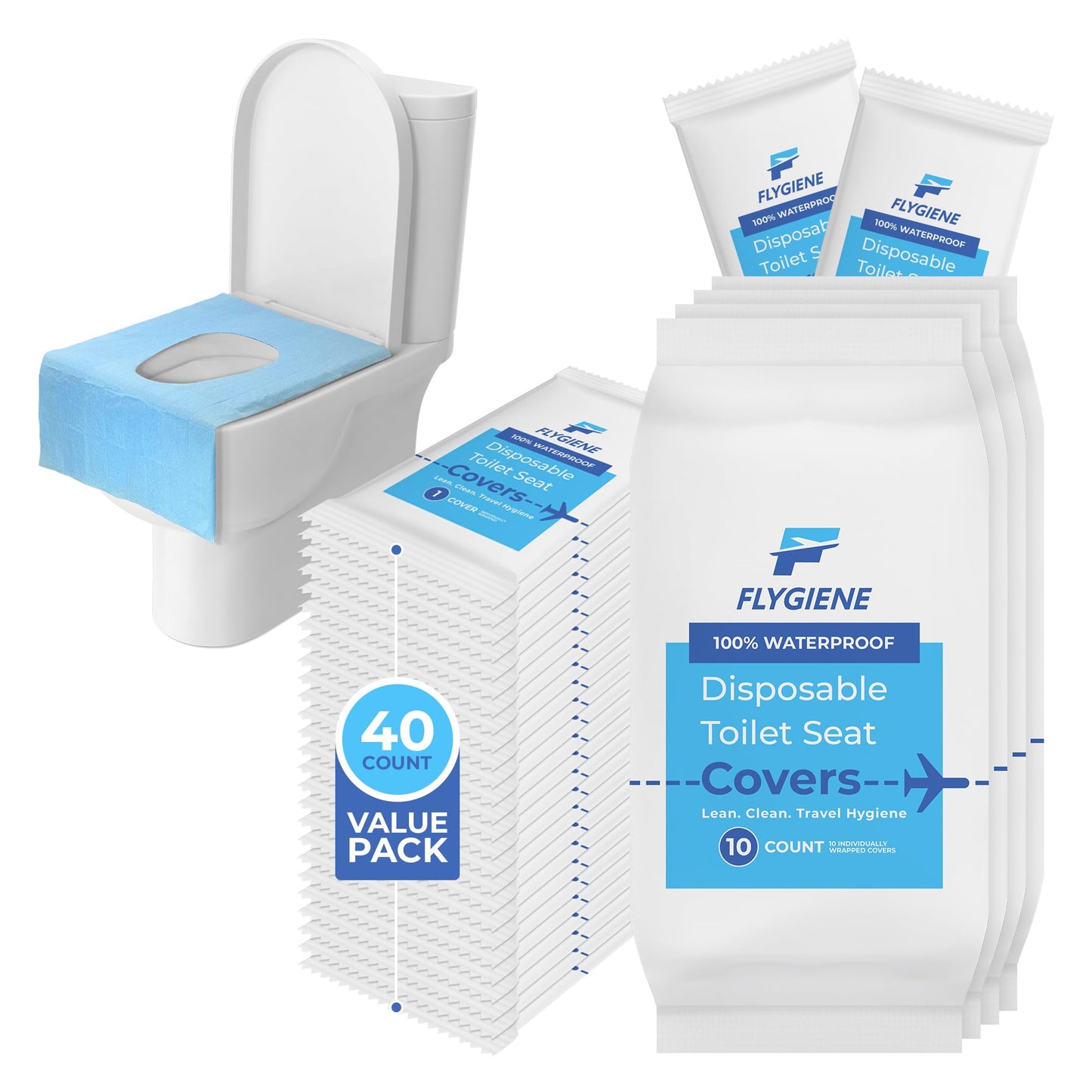 Disposable Toilet Seat Covers for Travel – Waterproof, Tear-Resistant XL Toilet Liners with 2 Layers of Protection – Individually Wrapped Travel Size Toiletries - 40 Count (4 Packs of 10)
