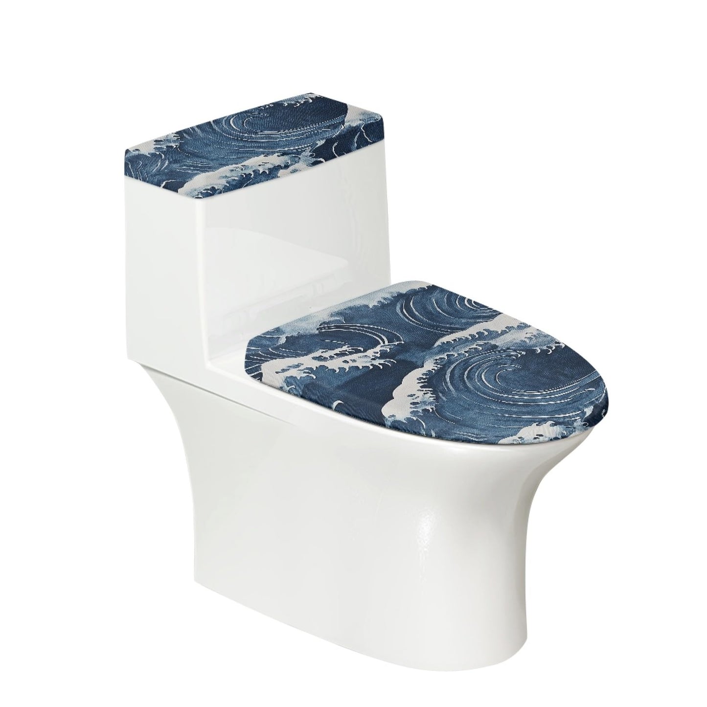 Set of 2 Japanese Waves Fish Toilet Lid Tank Cover Plush Navy White