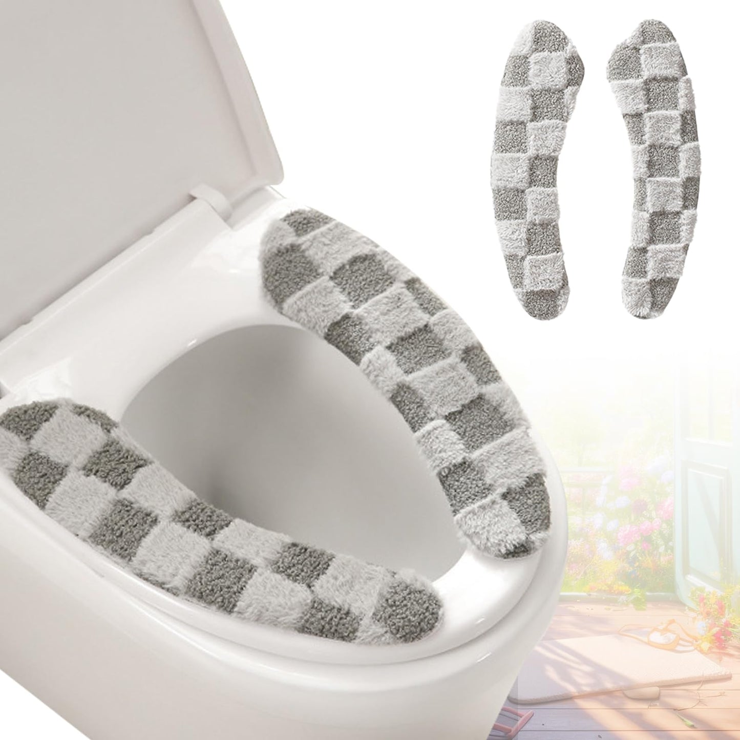 Thick and Warm Plush Toilet Seat Cover – Washable, Reusable Cushion with TPR Adhesive & Checkered Pattern for Comfort & Insulation (White)