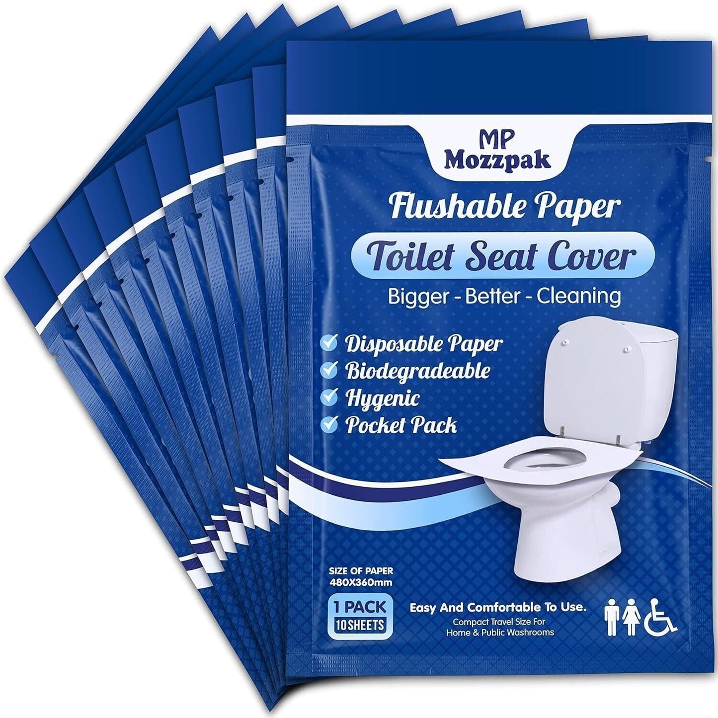 MP MOZZPAK Toilet Seat Covers Disposable (60 Pack) - XL Flushable Disposable Toilet Seat Cover for Kids Potty Training, Adults - 100% Biodegradable - Travel Essential Accessories for Airplane, Camping