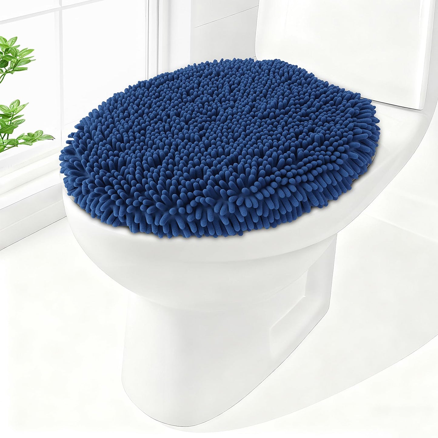 Soft Chenille Toilet Lid Cover 19.5L x 18.5W Machine Washable | Toilet Seat Cover Adjustable Rubber Backing Fits Most Round Elongated and Oblong Lids