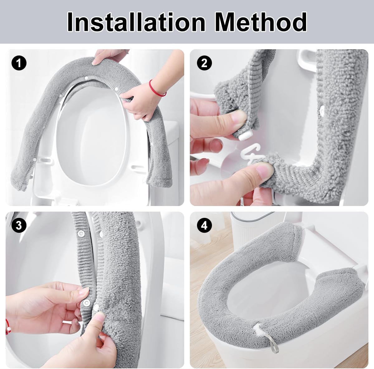 2 Packs Toilet Seat Cover, Plush Warm Bathroom Toilet Seat Cushion with Snaps Fixed Washable and Reusable Toilet Seat Lid Cover Pads, Fits Most Toilet Seats, Light Grey