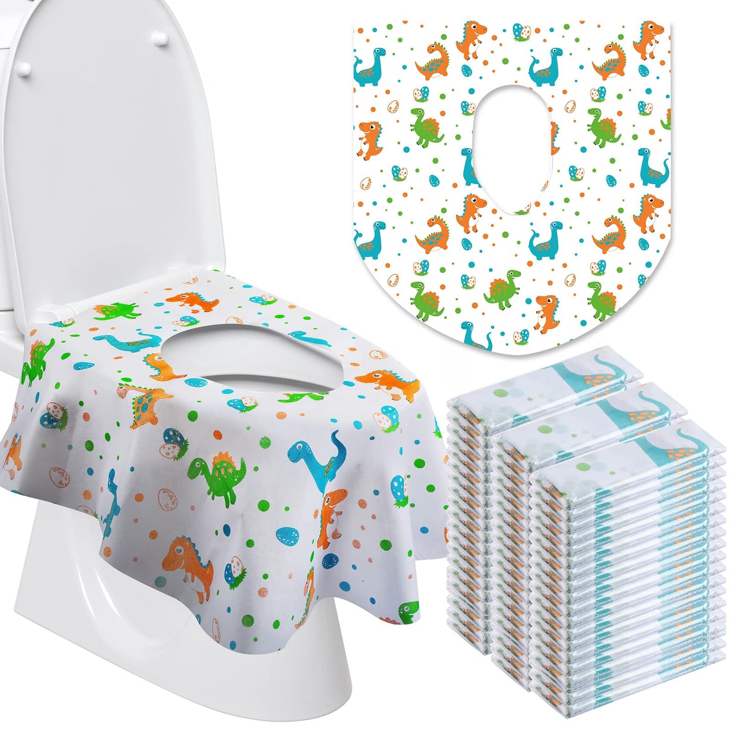 50 Packs Extra Large Disposable Toilet Seat Covers for Kids Adult, Dinosaur | Individually Wrapped, Portable, Non Slip Waterproof, Potty Seat Covers for Toddlers, Potty Training, Travel