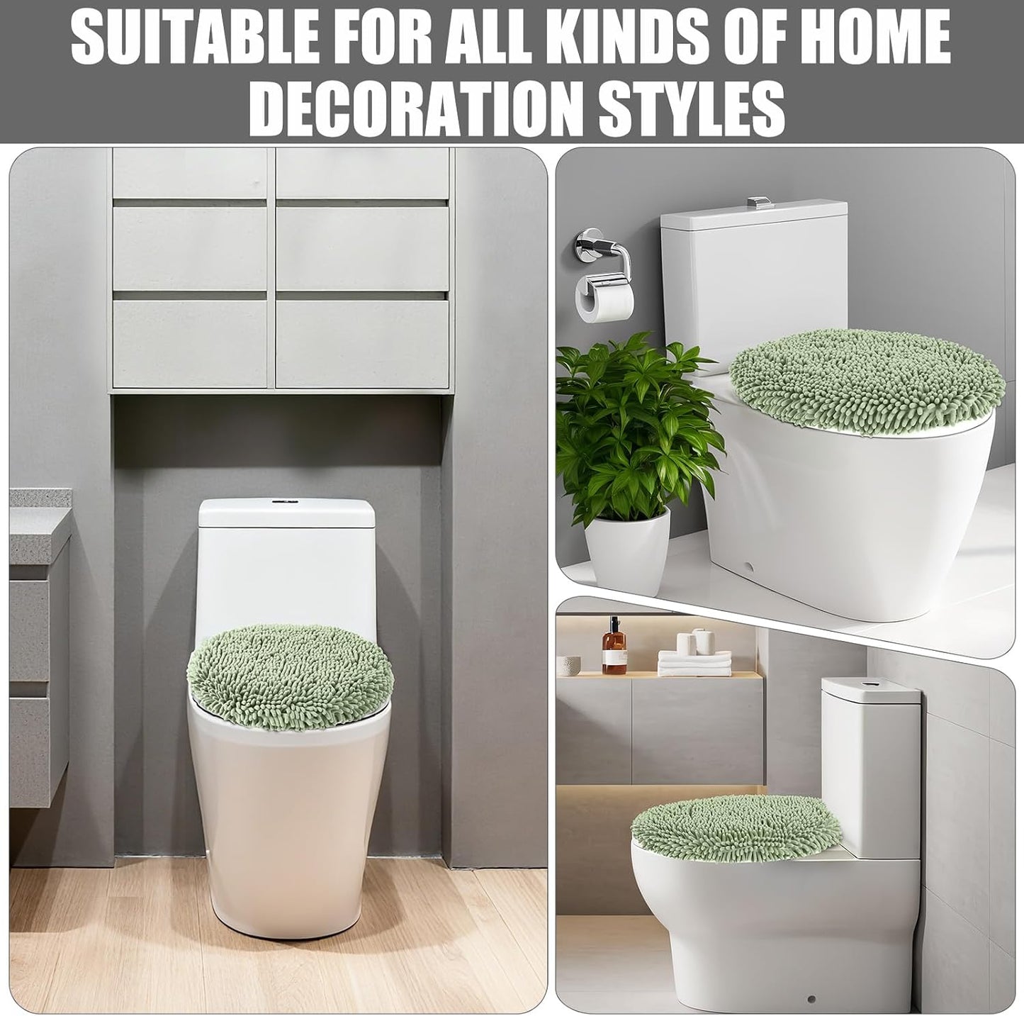 Soft Chenille Toilet Lid Cover 19.5L x 18.5W Machine Washable | Toilet Seat Cover Adjustable Rubber Backing Fits Most Round Elongated and Oblong Lids