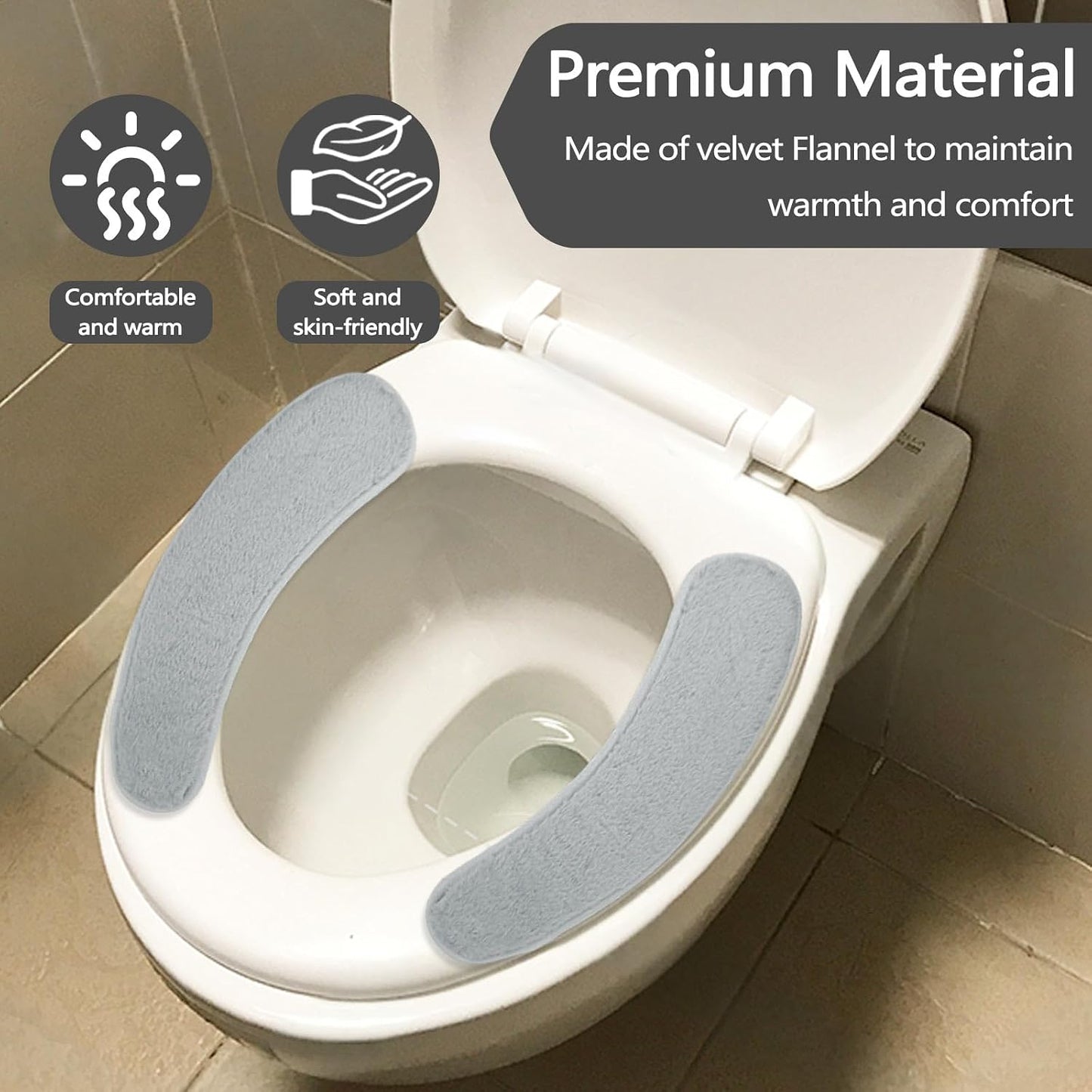 Flannel Elongated Toilet Seat Cushion Warmer, Soft Padded Toilet Seat Covers Washable Lid Cushioned Pad with Memory Foam Reusable Adhesive for Seniors Bathroom Winter A