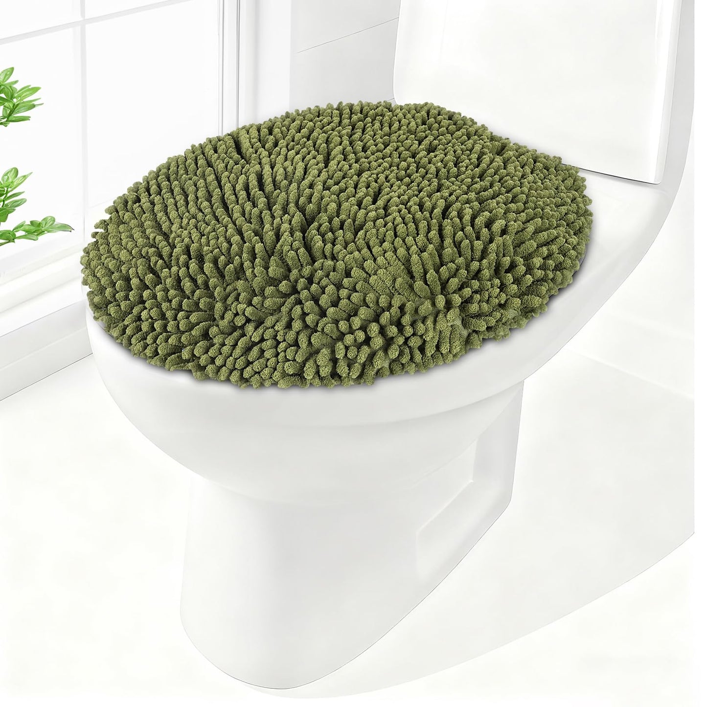 Soft Chenille Toilet Lid Cover 19.5L x 18.5W Machine Washable | Toilet Seat Cover Adjustable Rubber Backing Fits Most Round Elongated and Oblong Lids