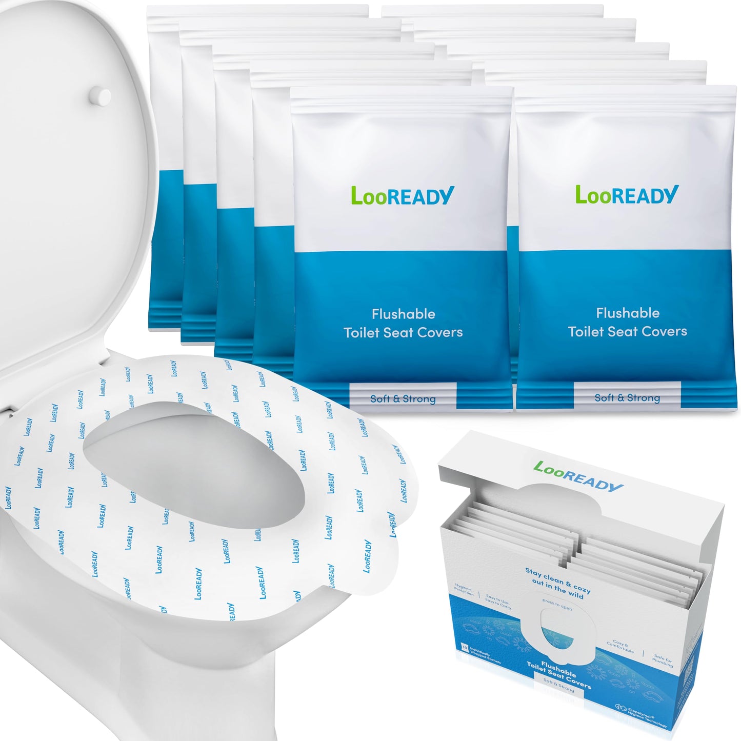 Toilet Seat Covers Disposable Flushable - Regular Size (16x19”) - Travel Size Individually Wrapped, Soft & Strong, Pocket Size, for Public Restrooms at the Office, for Commuters or Holiday (10 Pack)