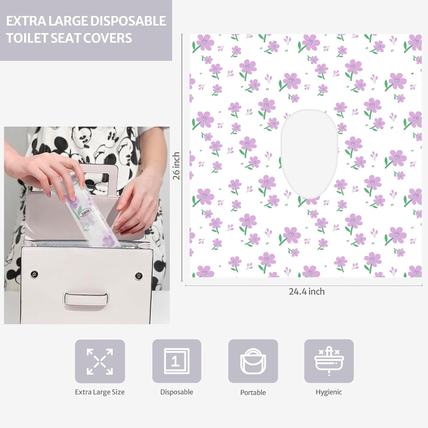 Blissful Diary 30 Pcs Toilet Seat Covers Disposable for Toddlers & Adults, Extra Large Waterproof, Portable Package for Travel, Kids Potty Training(Purple Flowers)