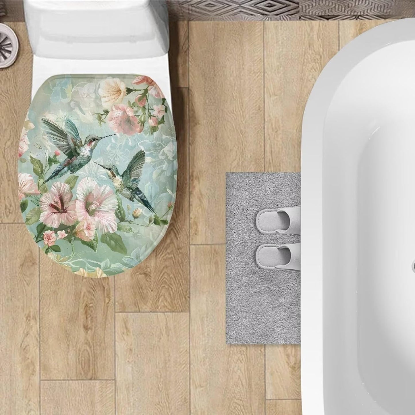 Hummingbird Flower Toilet Lid Covers for Bathroom Hummingbird Flower Toilet Seat Cushion Cover Elongated Reusable Replacement Fabric Elastic Washable Dust Covers