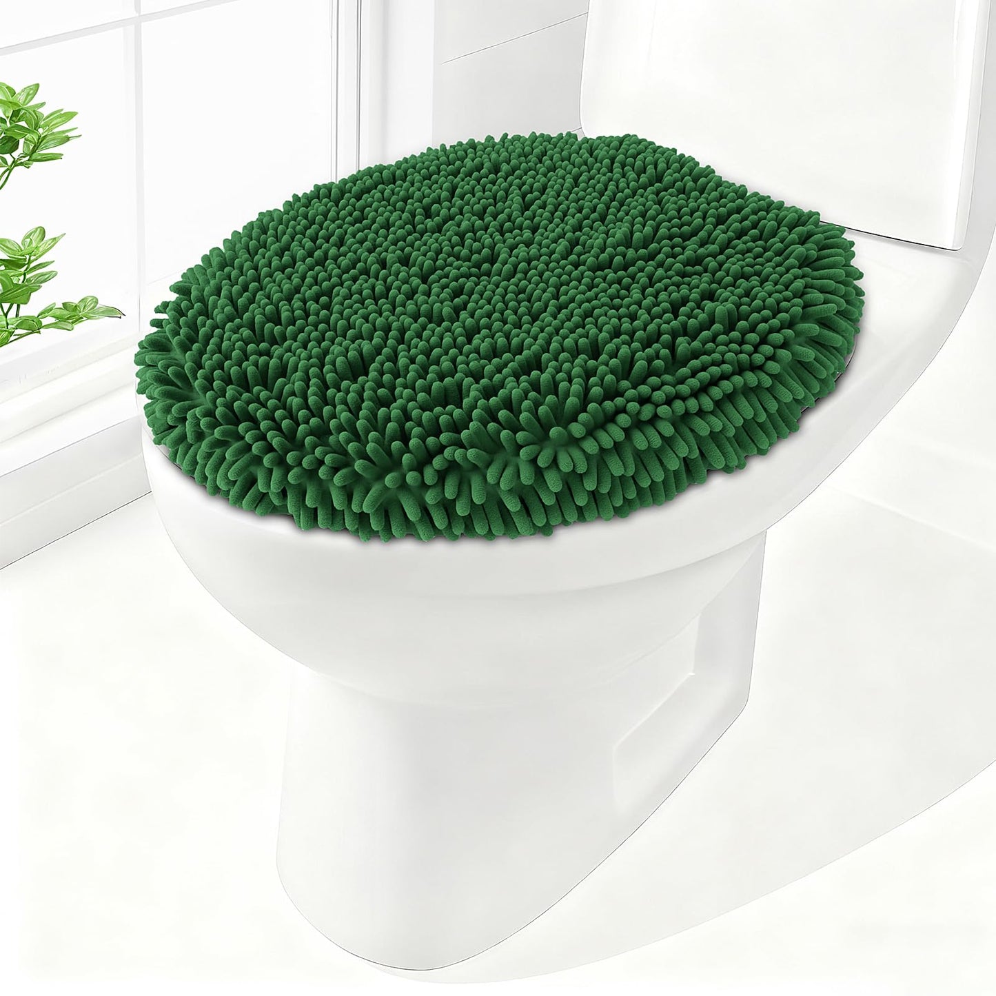 Soft Chenille Toilet Lid Cover 19.5L x 18.5W Machine Washable | Toilet Seat Cover Adjustable Rubber Backing Fits Most Round Elongated and Oblong Lids