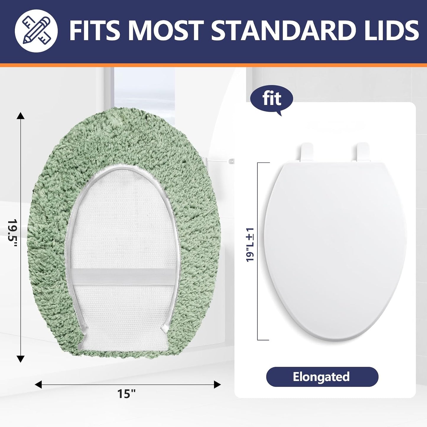 Microfiber Elongated Toilet Seat Cover 19.5"x 15" Machine Washable | Solid Toilet Lid Cover Adjustable Rubber Backing Fits Only 18-19.5"L x 14-16"W Elongated Toilet Seat