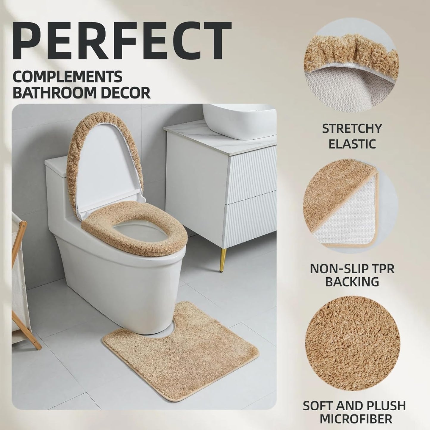 3piece Toilet Seat Cover Set - Toilet Seat Cover +Toilet Lid Cover + toilet rugs u shaped washable, Fits Most Elongated Round and Oblong Toilet(Machine Washable,Quick-Dry) brown