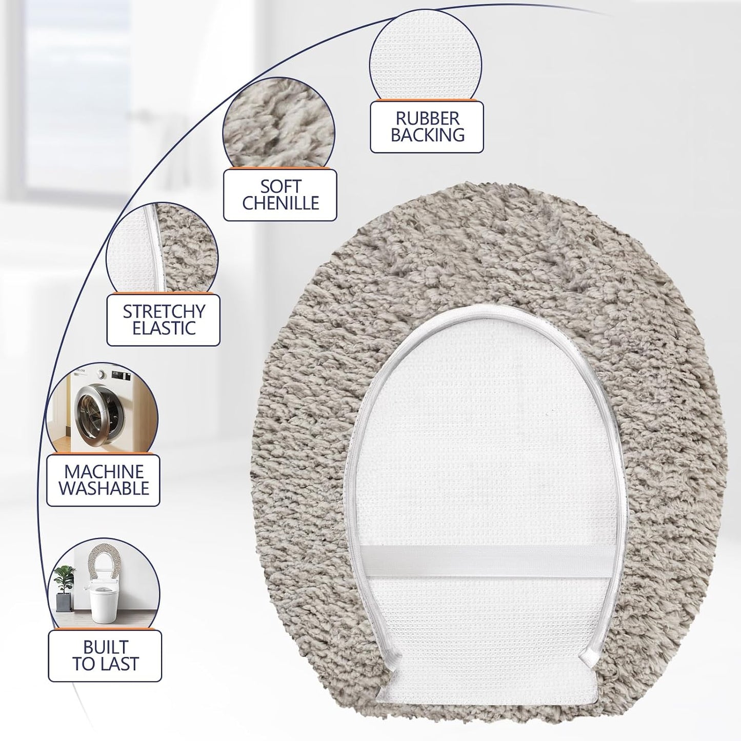 Microfiber Elongated Toilet Seat Cover 19.5"x 15" Machine Washable | Solid Toilet Lid Cover Adjustable Rubber Backing Fits Only 18-19.5"L x 14-16"W Elongated Toilet Seat