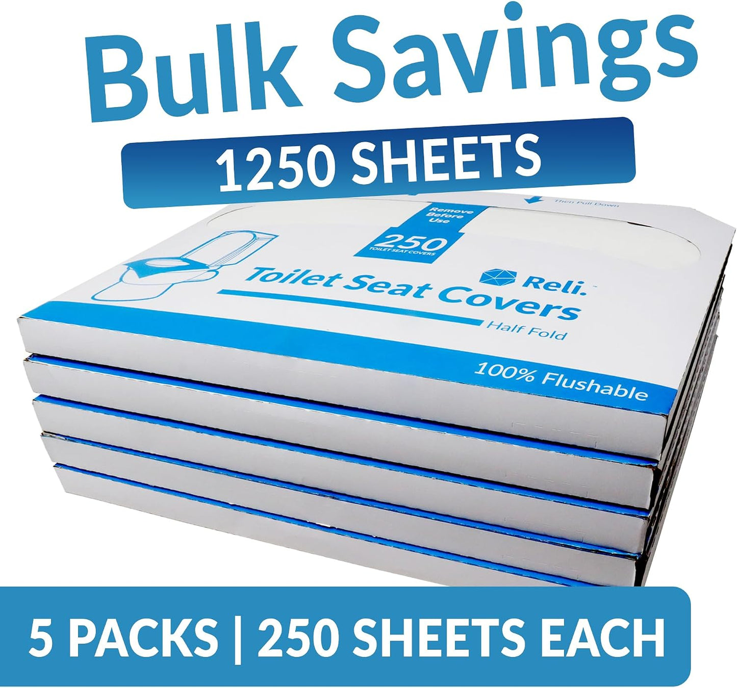 Reli. Toilet Seat Covers (1250 Pcs, 5 Packs of 250) Flushable | Disposable Toilet Seat Cover 14x16" (Half-Fold) | Paper Liners for Restroom, Bathroom, Travel, Camping, Potty Training