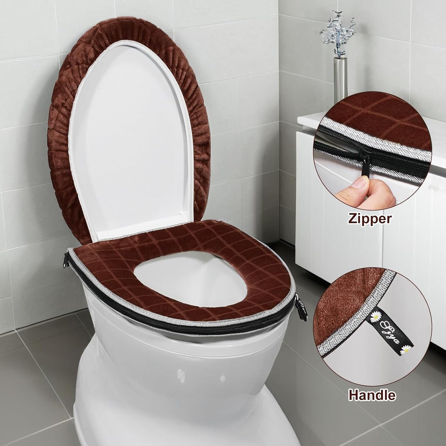 Toilet Seat Cover and Toilet Lid Cover Set, Soft Toilet Seat Cushion with Zipper Adjustable Rubber Backing Toilet Seat Warmer Bathroom Decor and Accessories, Coffee