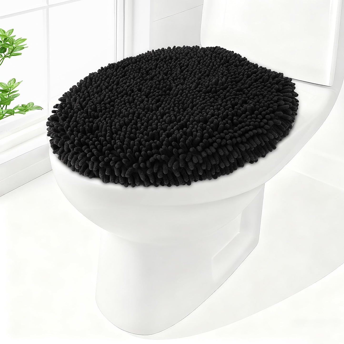 Soft Chenille Toilet Lid Cover 19.5L x 18.5W Machine Washable | Toilet Seat Cover Adjustable Rubber Backing Fits Most Round Elongated and Oblong Lids
