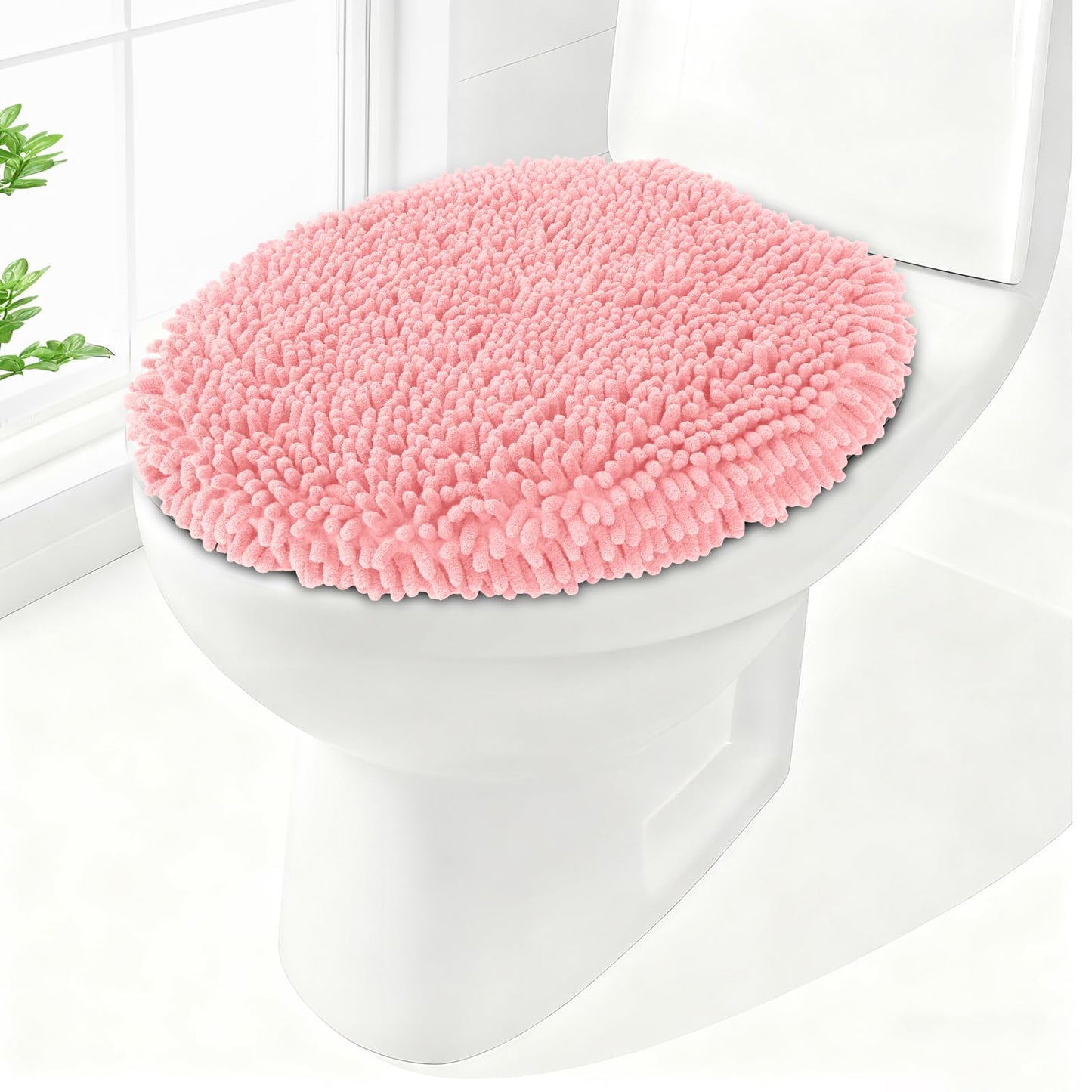 Soft Chenille Toilet Lid Cover 19.5L x 18.5W Machine Washable | Toilet Seat Cover Adjustable Rubber Backing Fits Most Round Elongated and Oblong Lids