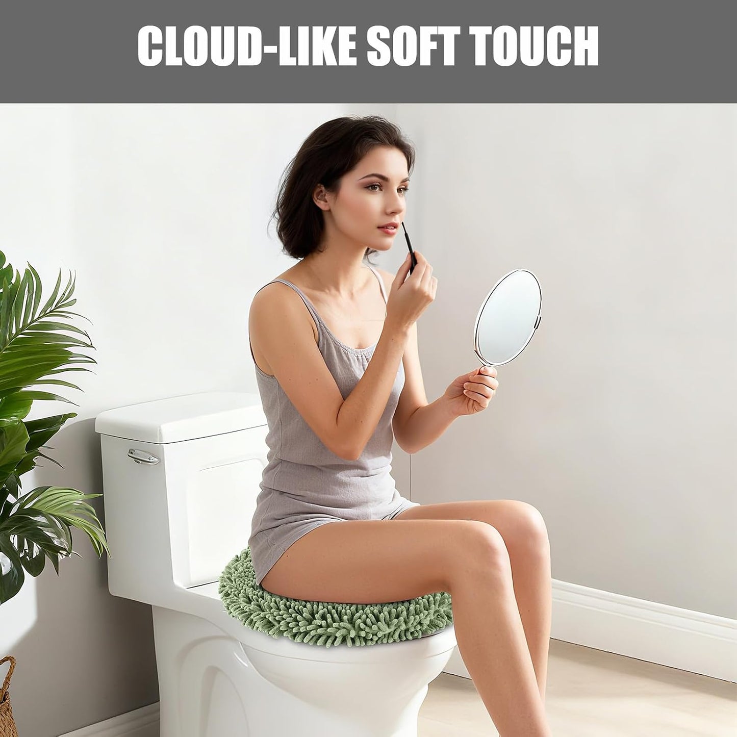 Soft Chenille Toilet Lid Cover 19.5L x 18.5W Machine Washable | Toilet Seat Cover Adjustable Rubber Backing Fits Most Round Elongated and Oblong Lids