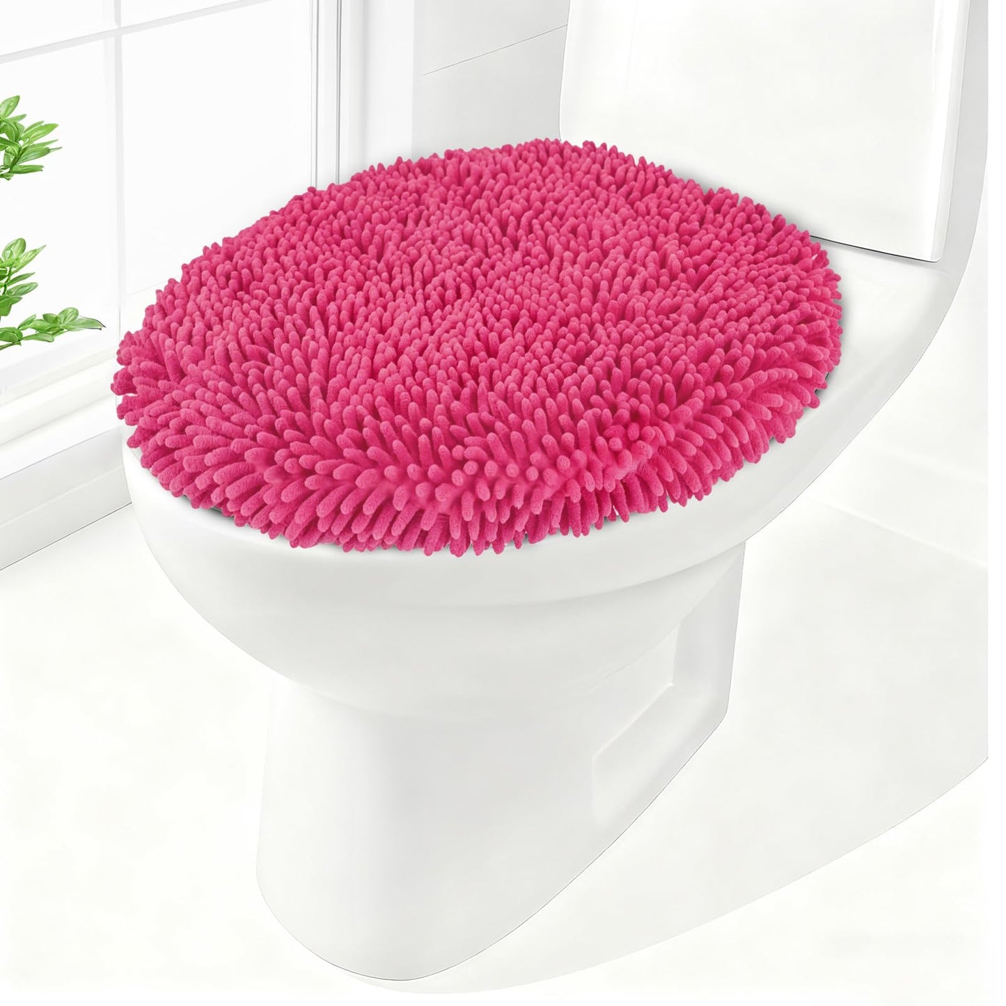 Soft Chenille Toilet Lid Cover 19.5L x 18.5W Machine Washable | Toilet Seat Cover Adjustable Rubber Backing Fits Most Round Elongated and Oblong Lids