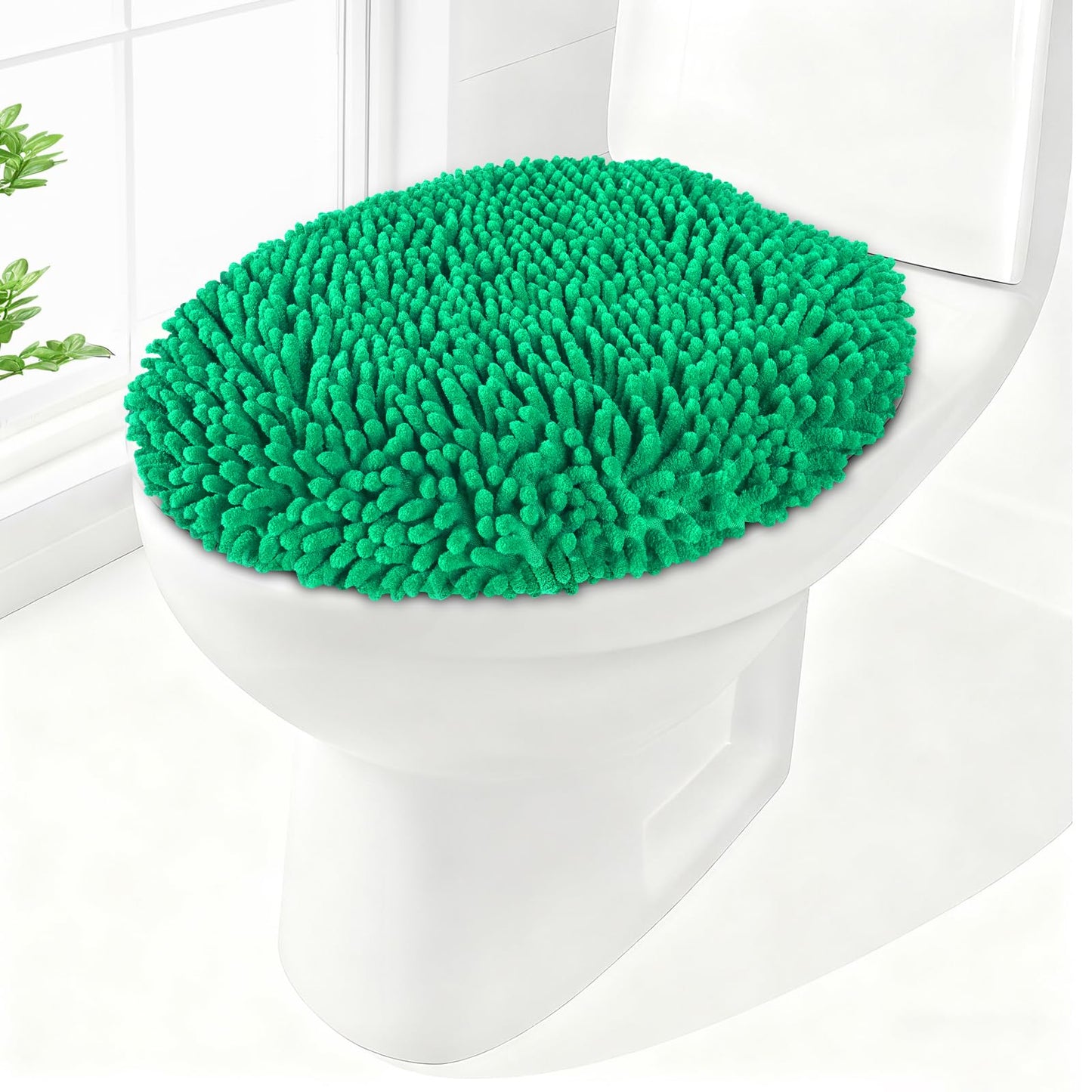 Soft Chenille Toilet Lid Cover 19.5L x 18.5W Machine Washable | Toilet Seat Cover Adjustable Rubber Backing Fits Most Round Elongated and Oblong Lids
