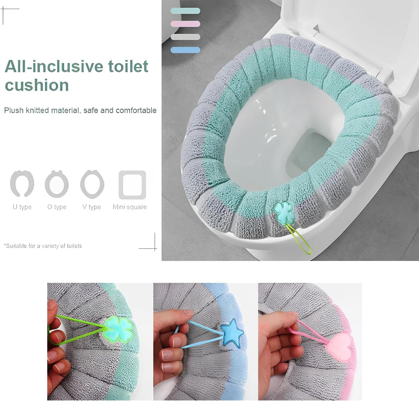 Toilet Seat Pad Toilet Seat Covers with Handle Soft Bathroom Toilet Lid Cover Cushion Thicker Stretchable Washable Universal Size (Two-tone)