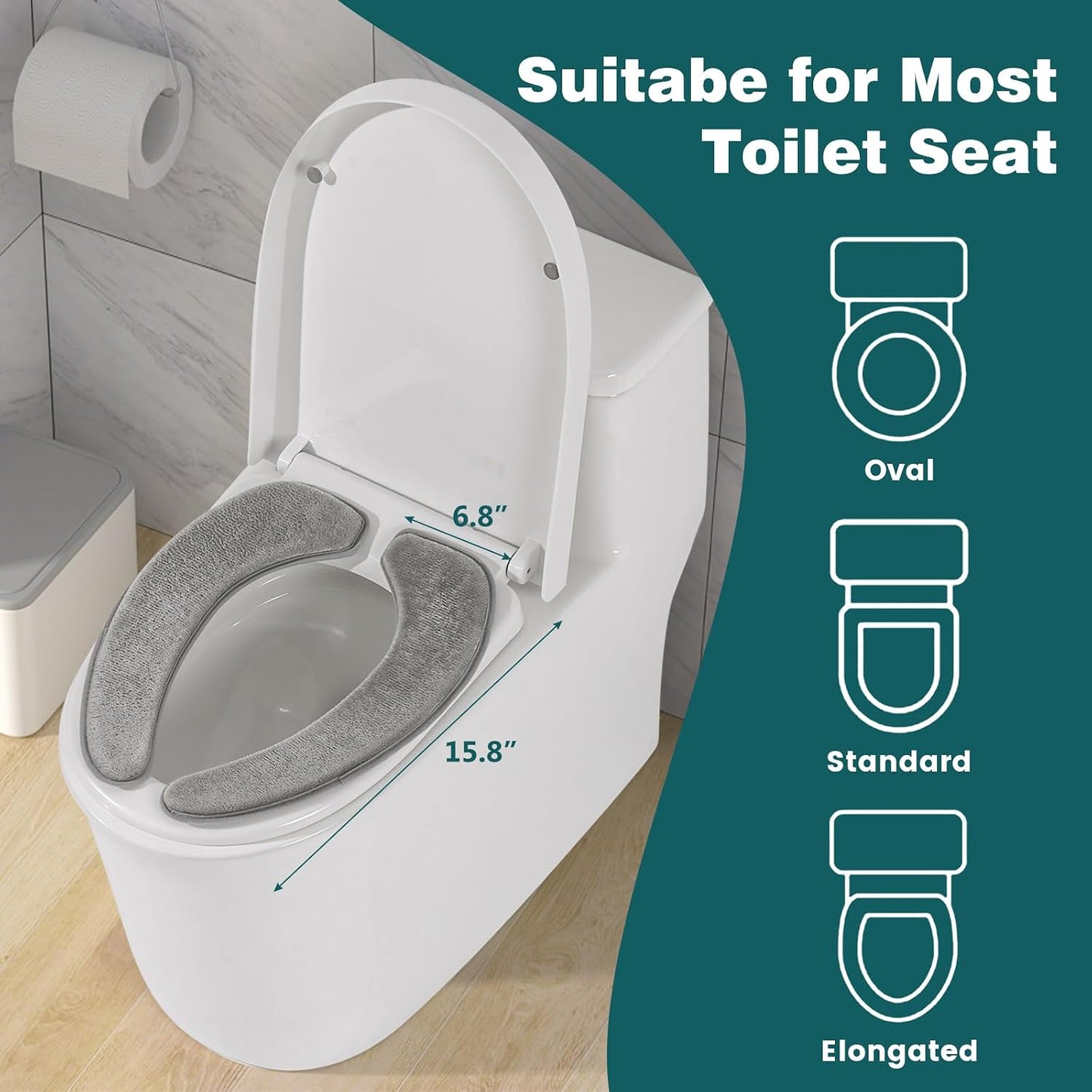 Toilet Seat Cover with Memory Foam, Toilet Seat Cushion for Bathroom | Soft Flannel, Non-Slip, Thicker Warmer Washable, Self-Adhesive Reusable, Fits Most Round, Oval and Elongated Toilet Seat