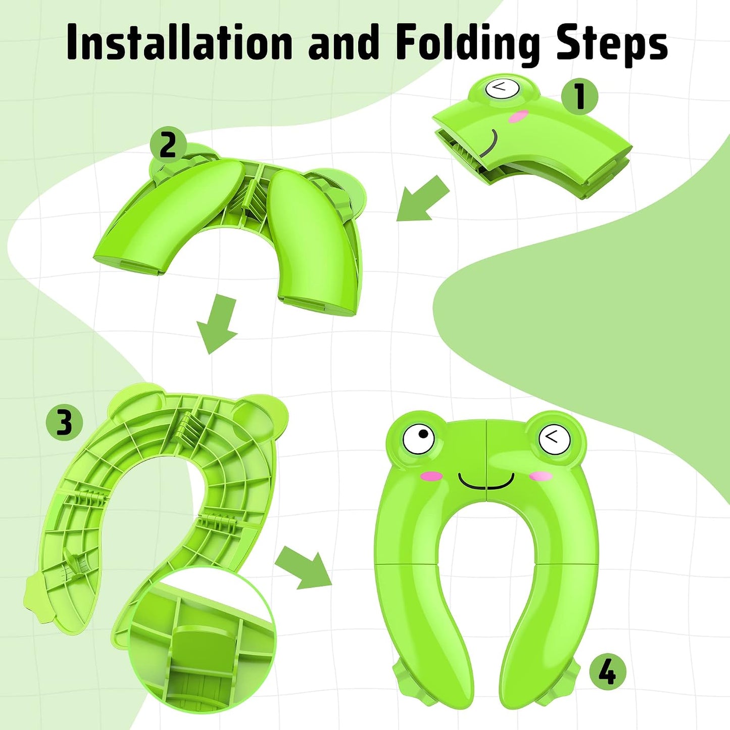 Maliton Foldable Travel Potty Training Seat for Toddlers, Green Frog | Portable Potty Seat for Toddler & Kids, Non-Slip Potty Training Toilet Seat Cover for Boys Girls, Includes Free Travel Bag