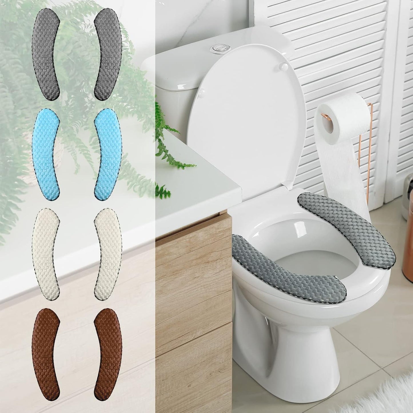 Kingdder 4 Pair Washable Toilet Seat Covers Mat Thick Padded Warm Plush Toilet Seat Cushion with Self Adhesive Tape for Bathroom Nonslip Soft Toilet Cover Home Bathroom Supplies, Grey Brown White Blue